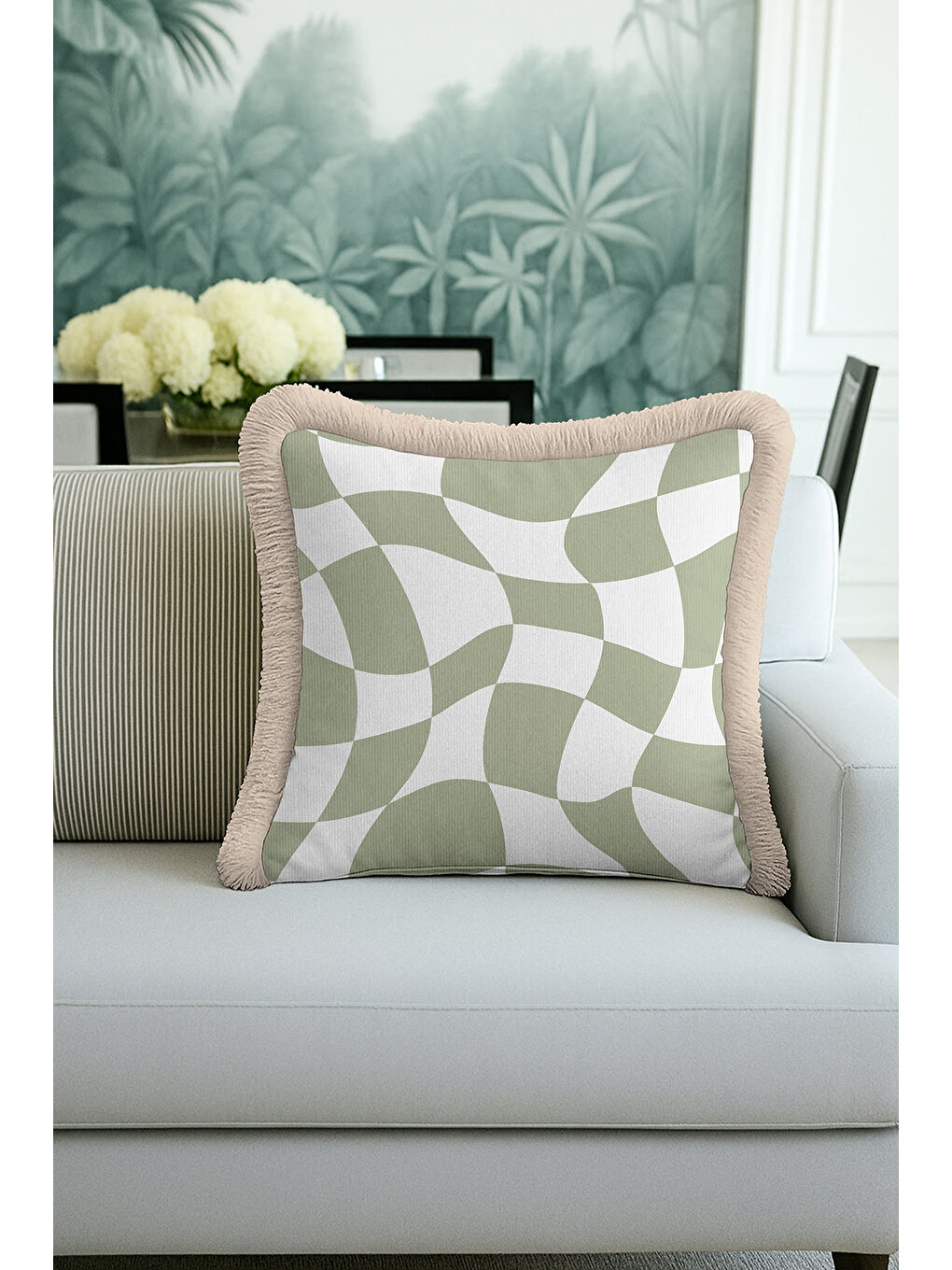 Karışık Optik Dalga Yeşil Saçaklı Yastık Kılıfı - Trend Modern Bej Kenarlı Püsküllü Kırlent Kılıfı-2
