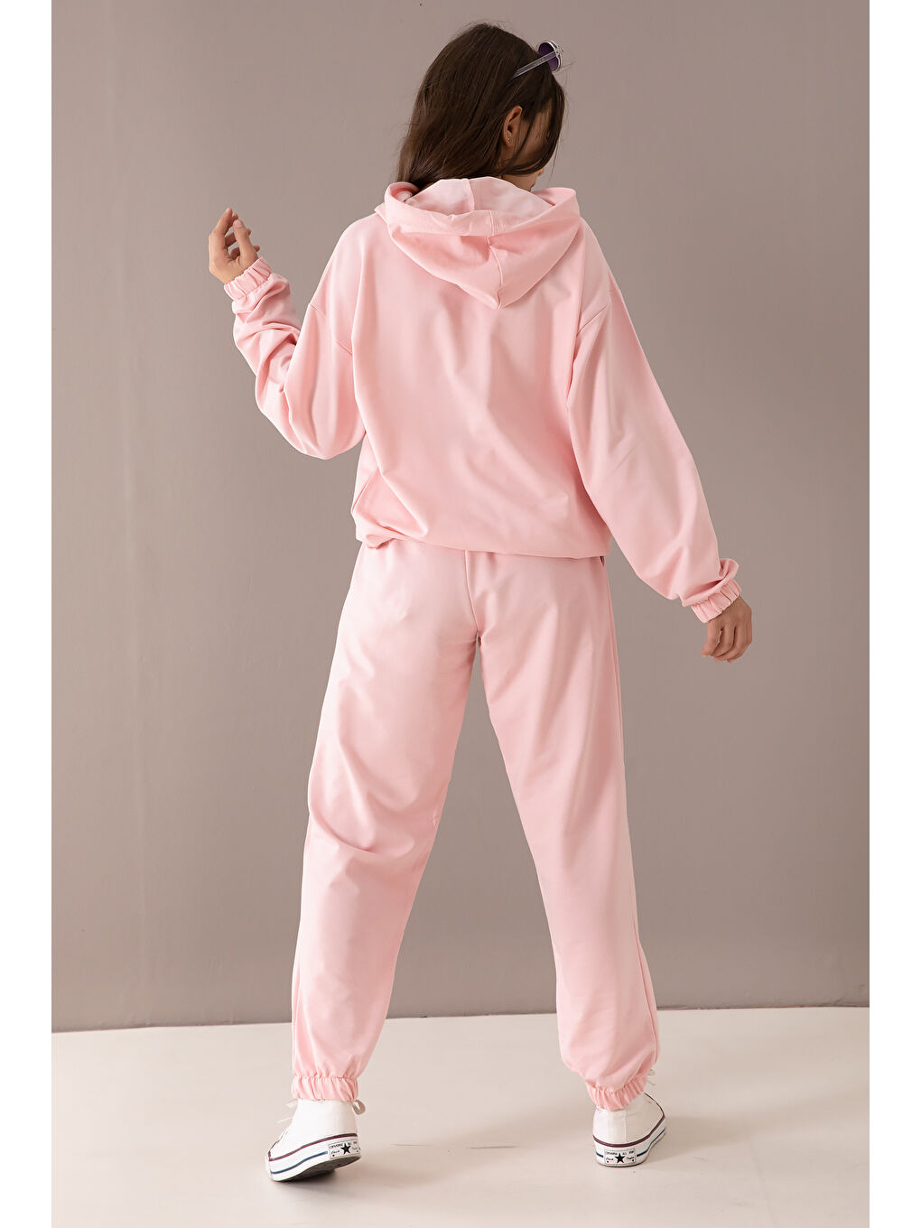 Pembe Göğsü Logo Baskılı Kapüşonlu Kız Eşofman Takımı 19761-4