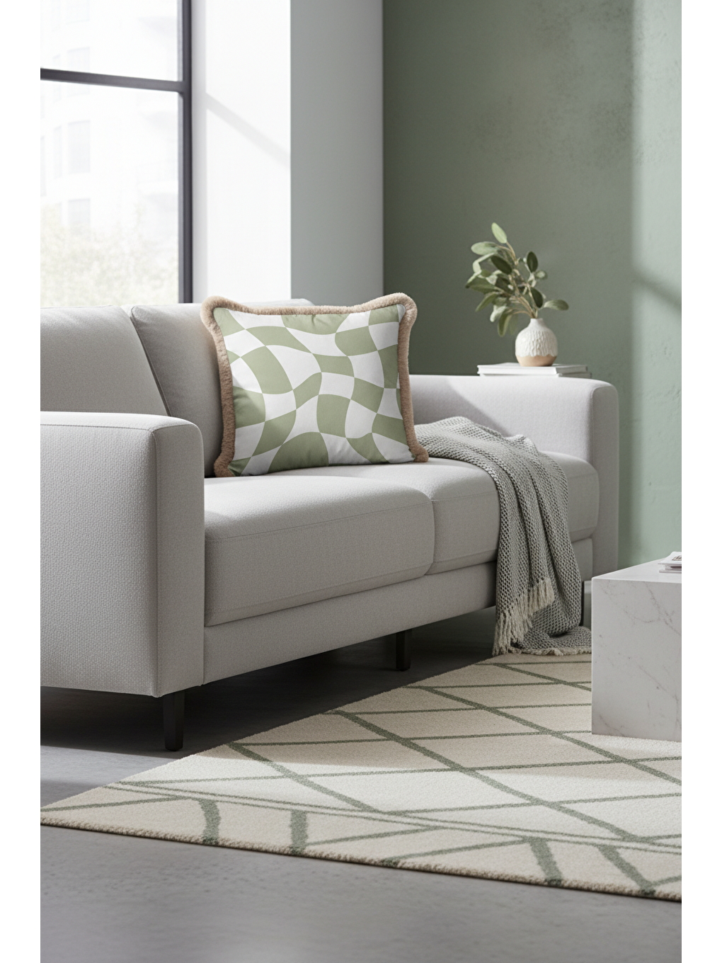 Karışık Optik Dalga Yeşil Saçaklı Yastık Kılıfı - Trend Modern Bej Kenarlı Püsküllü Kırlent Kılıfı-3