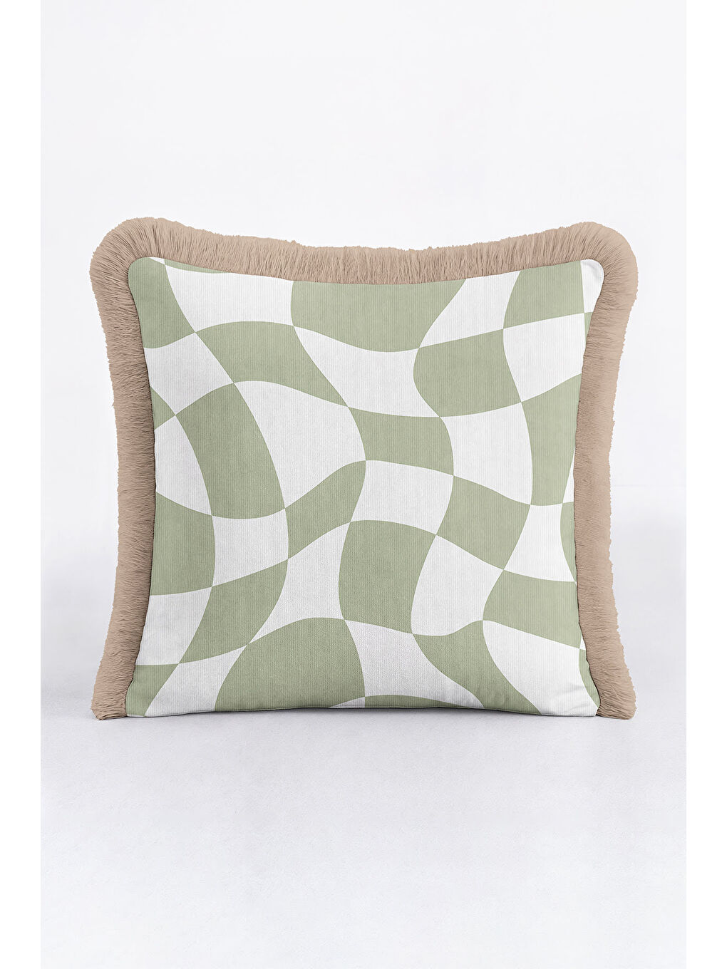Karışık Optik Dalga Yeşil Saçaklı Yastık Kılıfı - Trend Modern Bej Kenarlı Püsküllü Kırlent Kılıfı-4