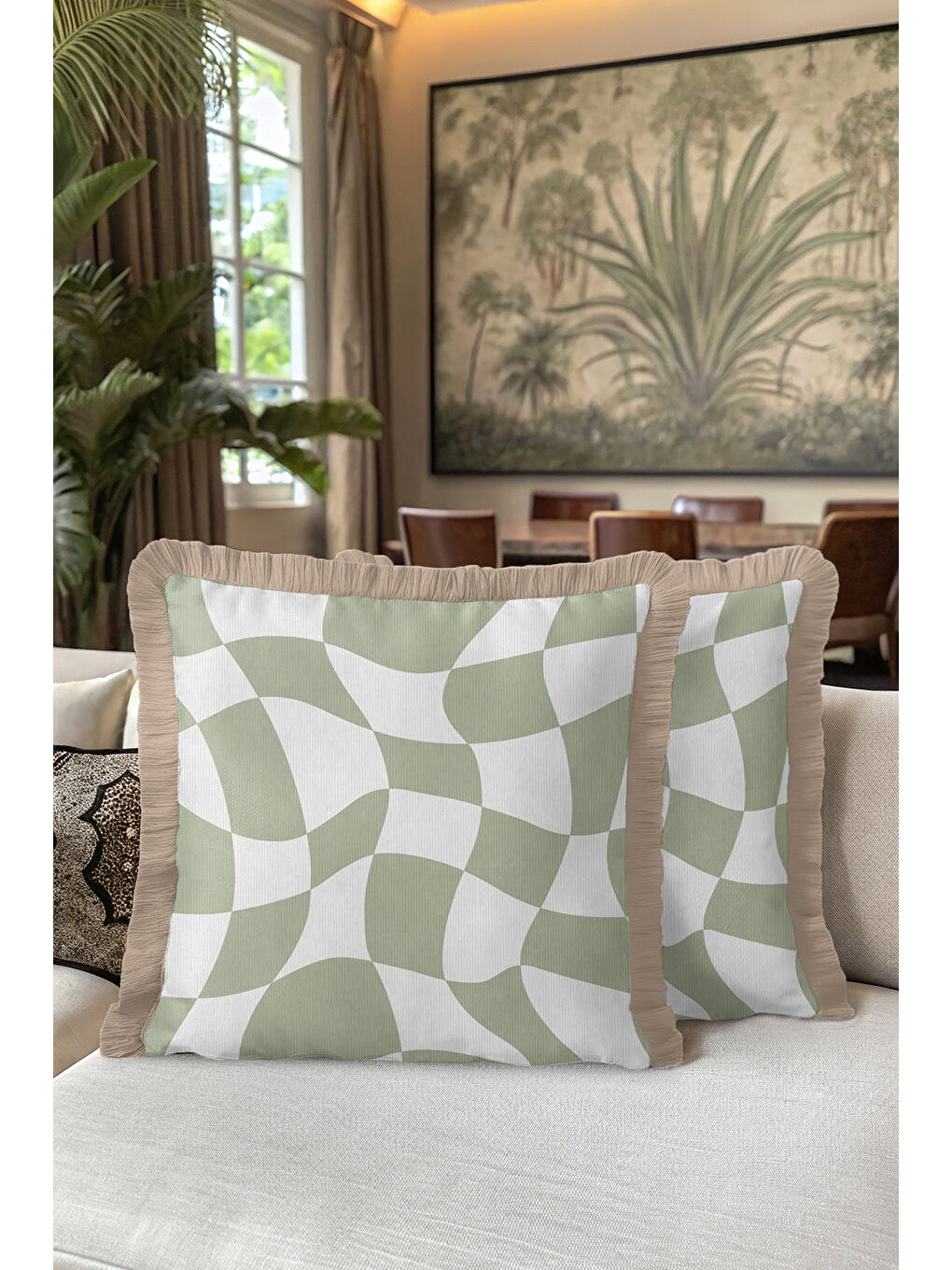 Karışık Optik Dalga Yeşil Saçaklı Yastık Kılıfı - Trend Modern Bej Kenarlı Püsküllü Kırlent Kılıfı-5