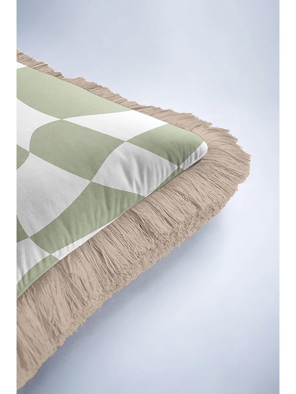 Karışık Optik Dalga Yeşil Saçaklı Yastık Kılıfı - Trend Modern Bej Kenarlı Püsküllü Kırlent Kılıfı-6
