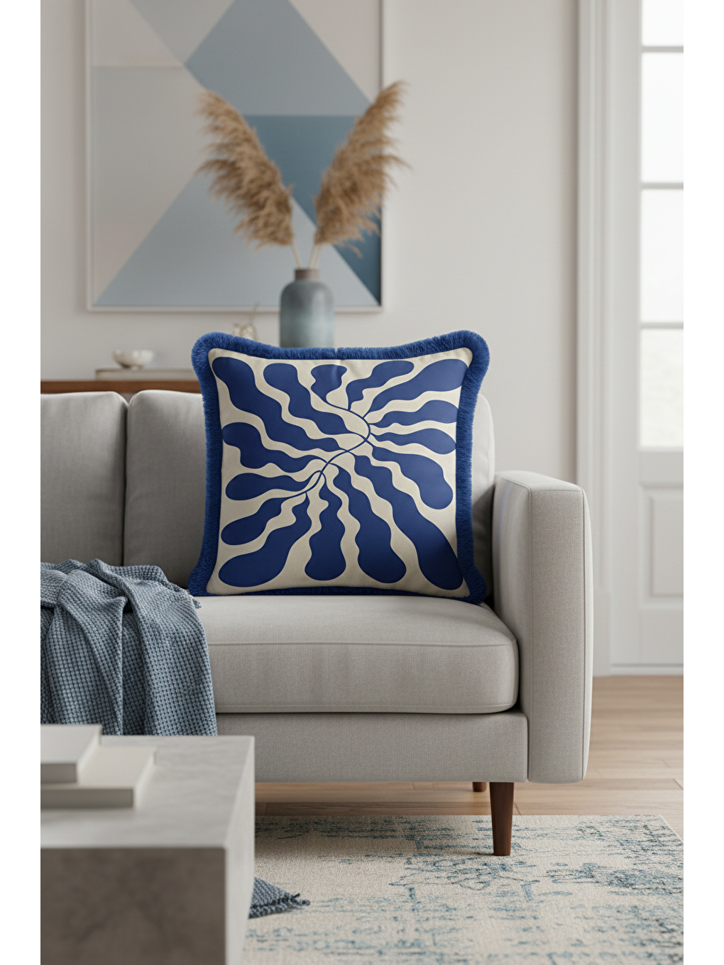 Karışık Lüks Mavi Damarlı Saçaklı Yastık Kılıfı - Dalgavari Modern Krem Mavi Püsküllü Kırlent Kılıfı-1