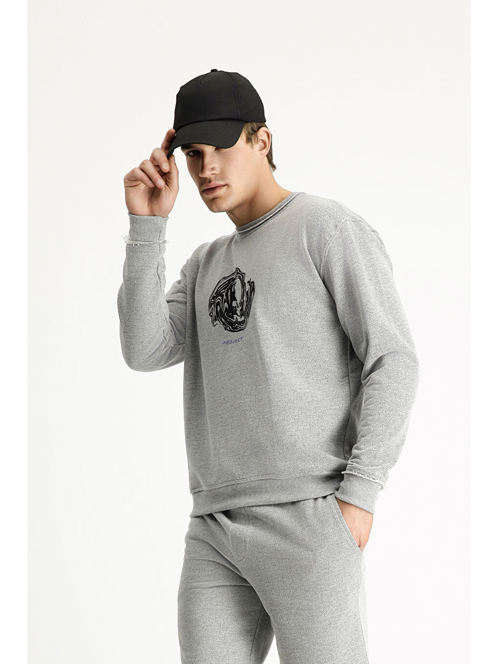 Gri Bisiklet Yaka Oversize Baskılı Pamuklu Sweatshirt-4