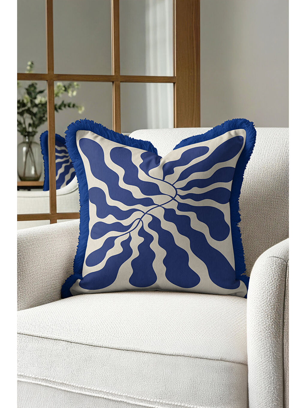 Karışık Lüks Mavi Damarlı Saçaklı Yastık Kılıfı - Dalgavari Modern Krem Mavi Püsküllü Kırlent Kılıfı-2