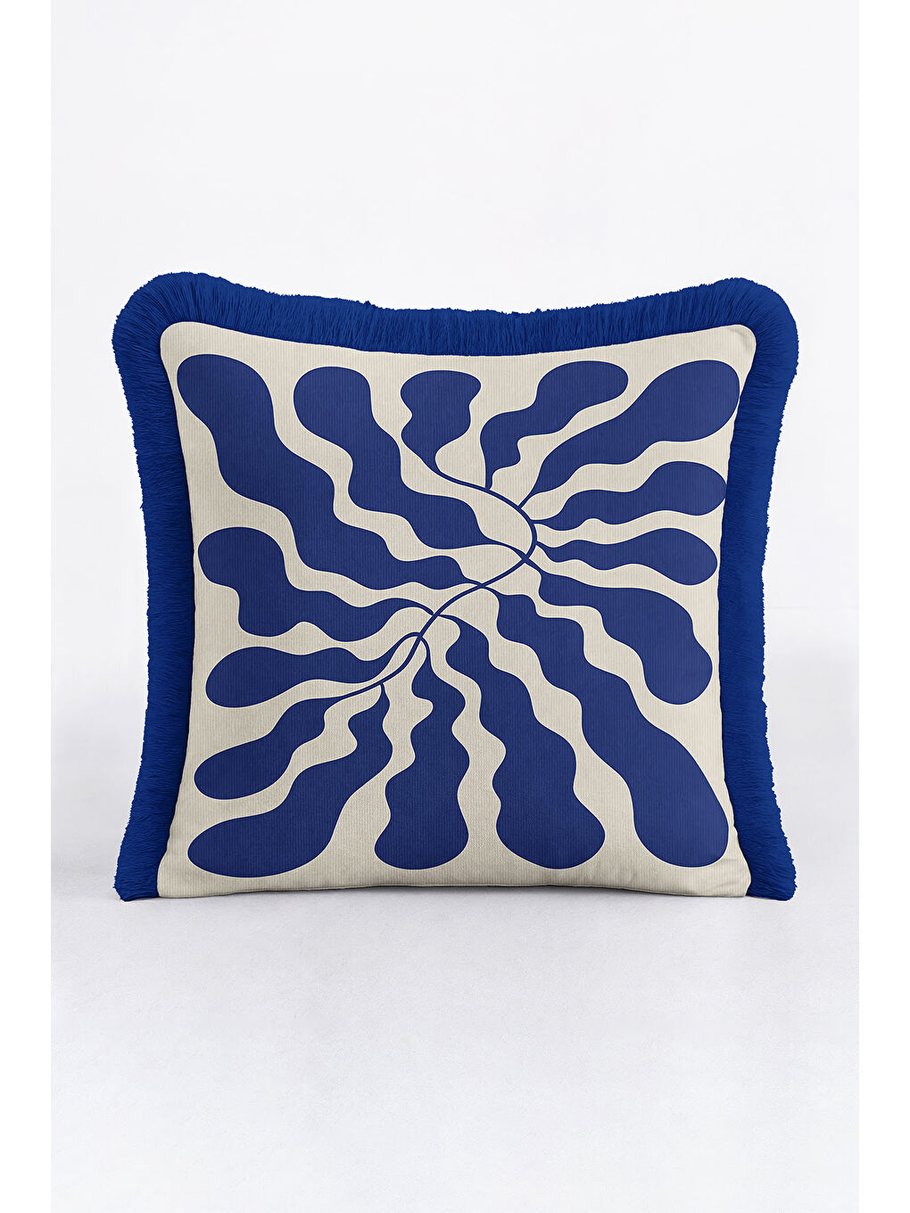 Karışık Lüks Mavi Damarlı Saçaklı Yastık Kılıfı - Dalgavari Modern Krem Mavi Püsküllü Kırlent Kılıfı-3