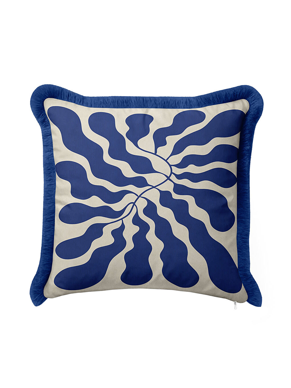 Karışık Lüks Mavi Damarlı Saçaklı Yastık Kılıfı - Dalgavari Modern Krem Mavi Püsküllü Kırlent Kılıfı-4