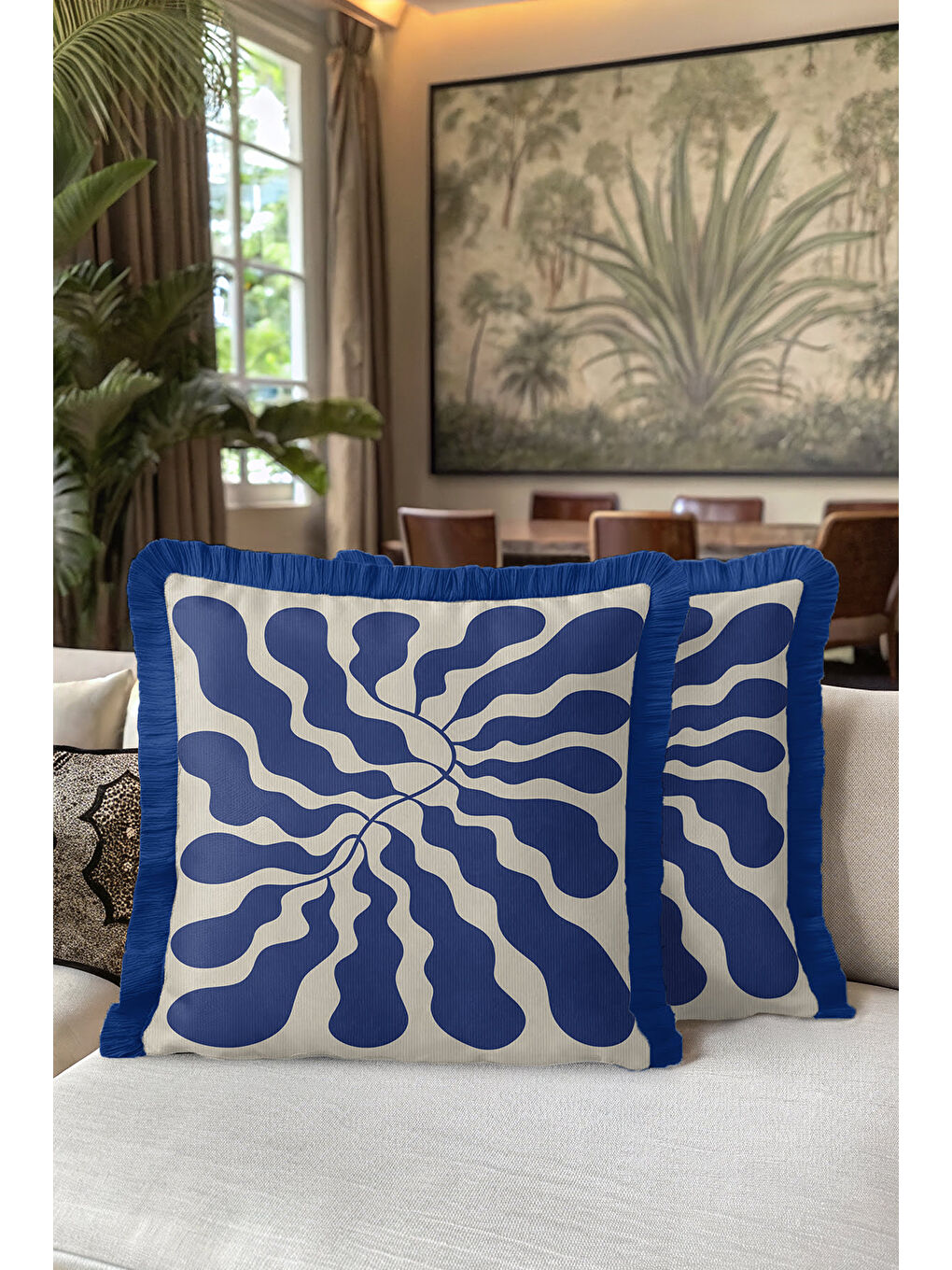 Karışık Lüks Mavi Damarlı Saçaklı Yastık Kılıfı - Dalgavari Modern Krem Mavi Püsküllü Kırlent Kılıfı-5