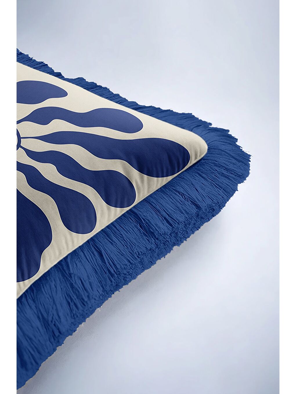 Karışık Lüks Mavi Damarlı Saçaklı Yastık Kılıfı - Dalgavari Modern Krem Mavi Püsküllü Kırlent Kılıfı-6