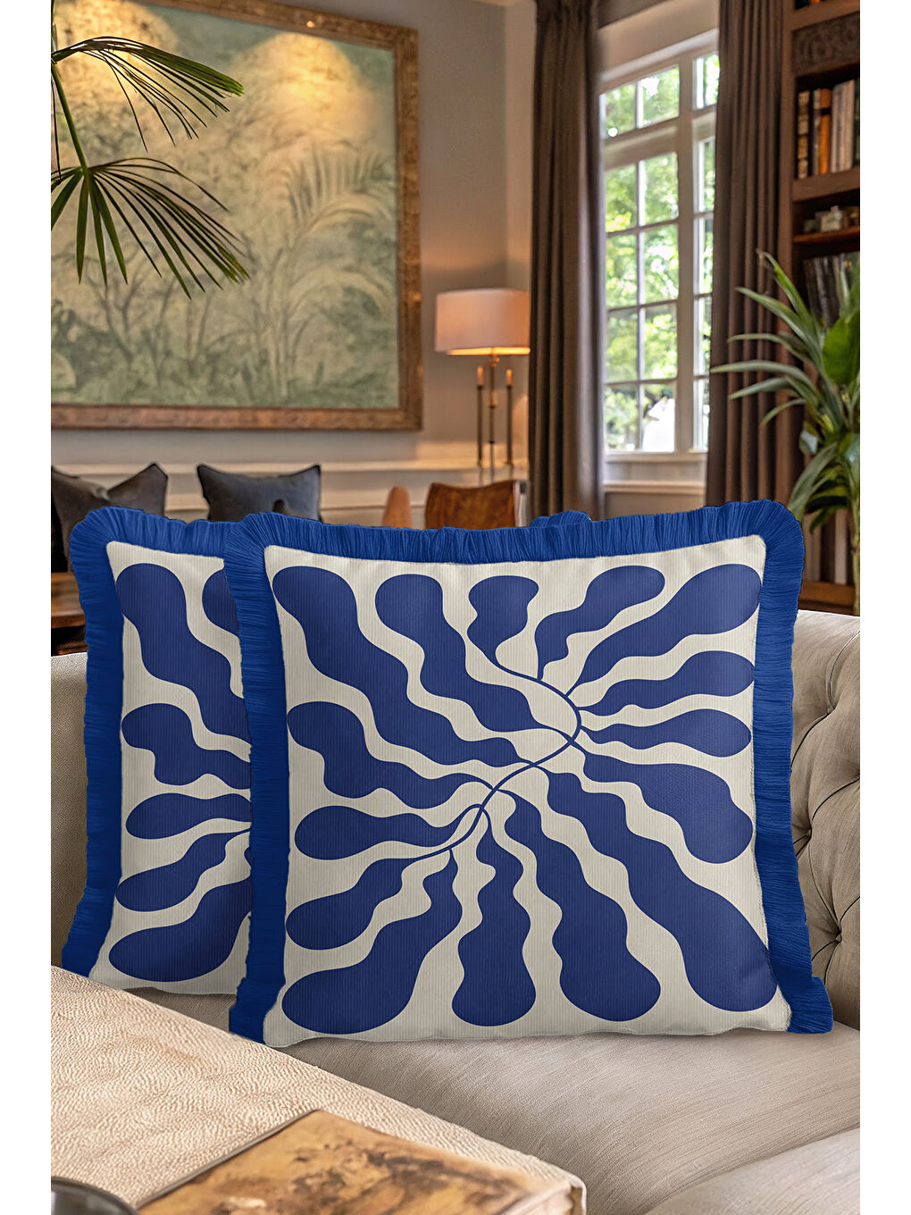 Karışık Lüks Mavi Damarlı Saçaklı Yastık Kılıfı - Dalgavari Modern Krem Mavi Püsküllü Kırlent Kılıfı-7