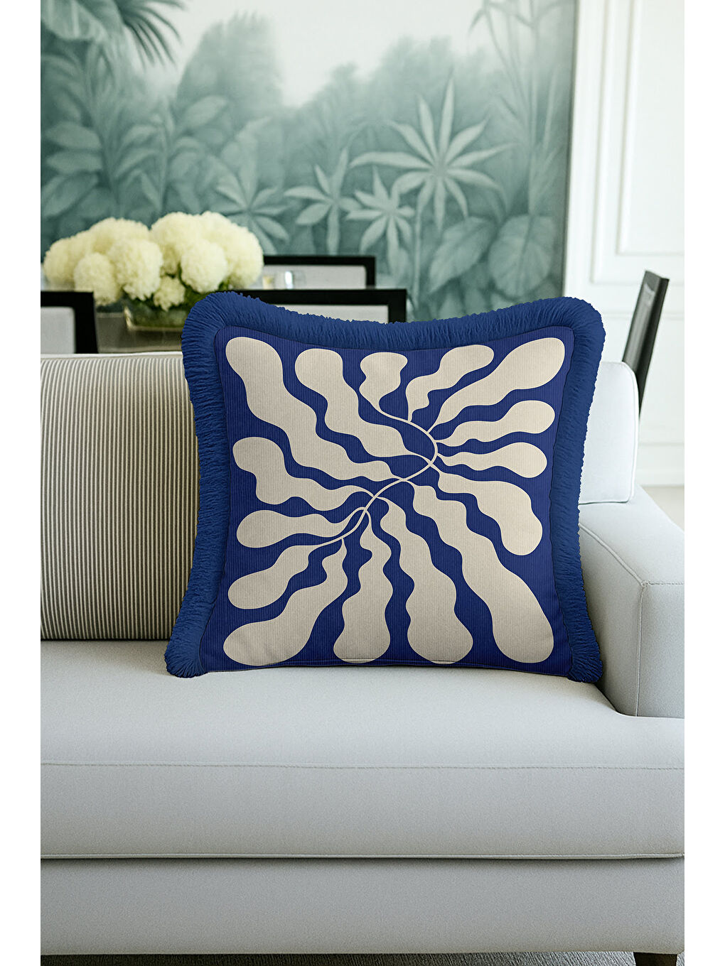 Karışık Modern Dalga Hareketli Saçaklı Yastık Kılıfı - Soyut Akışkan Mavi Retro Püsküllü Kırlent Kılıfı-2