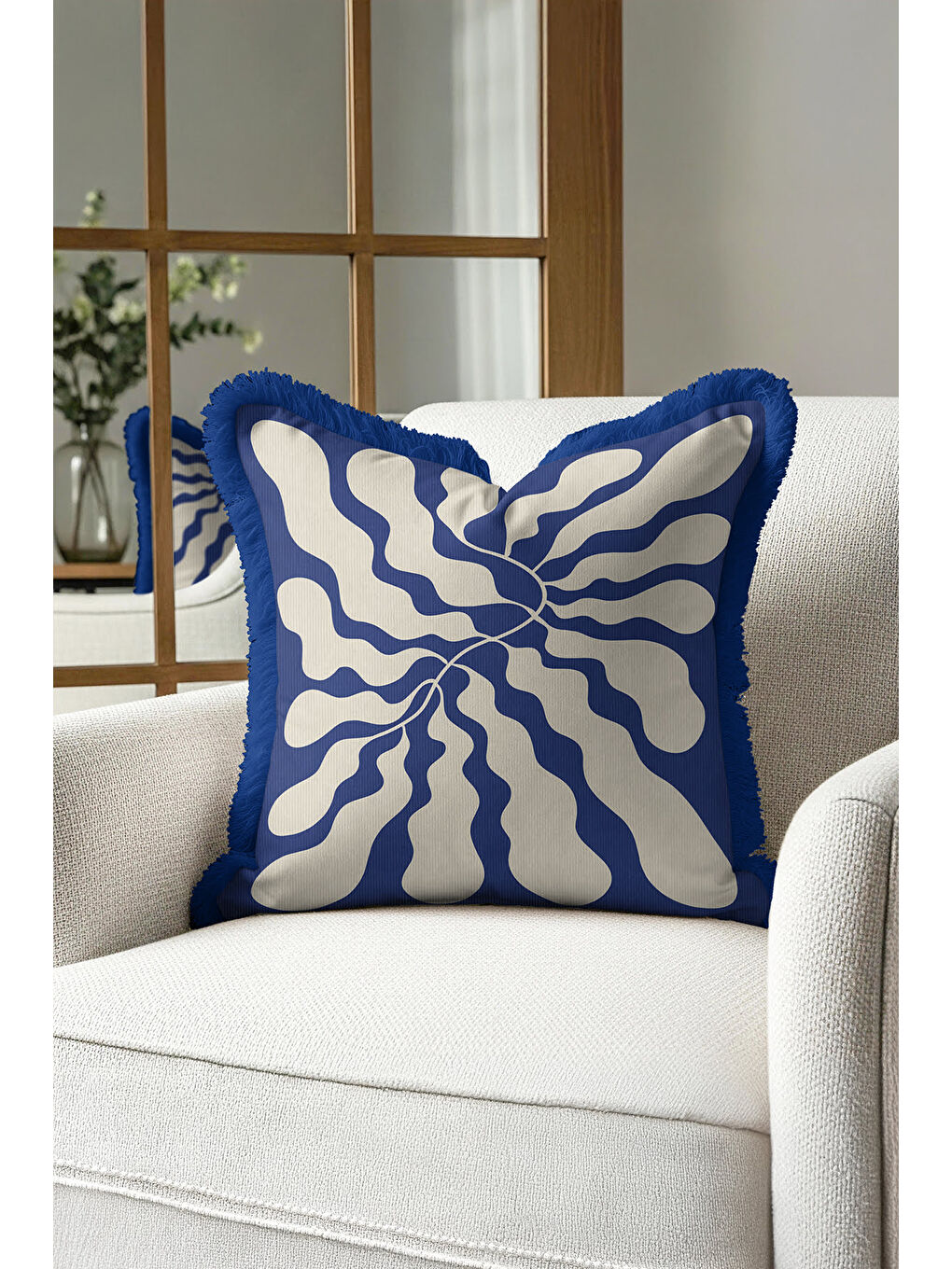 Karışık Modern Dalga Hareketli Saçaklı Yastık Kılıfı - Soyut Akışkan Mavi Retro Püsküllü Kırlent Kılıfı-3