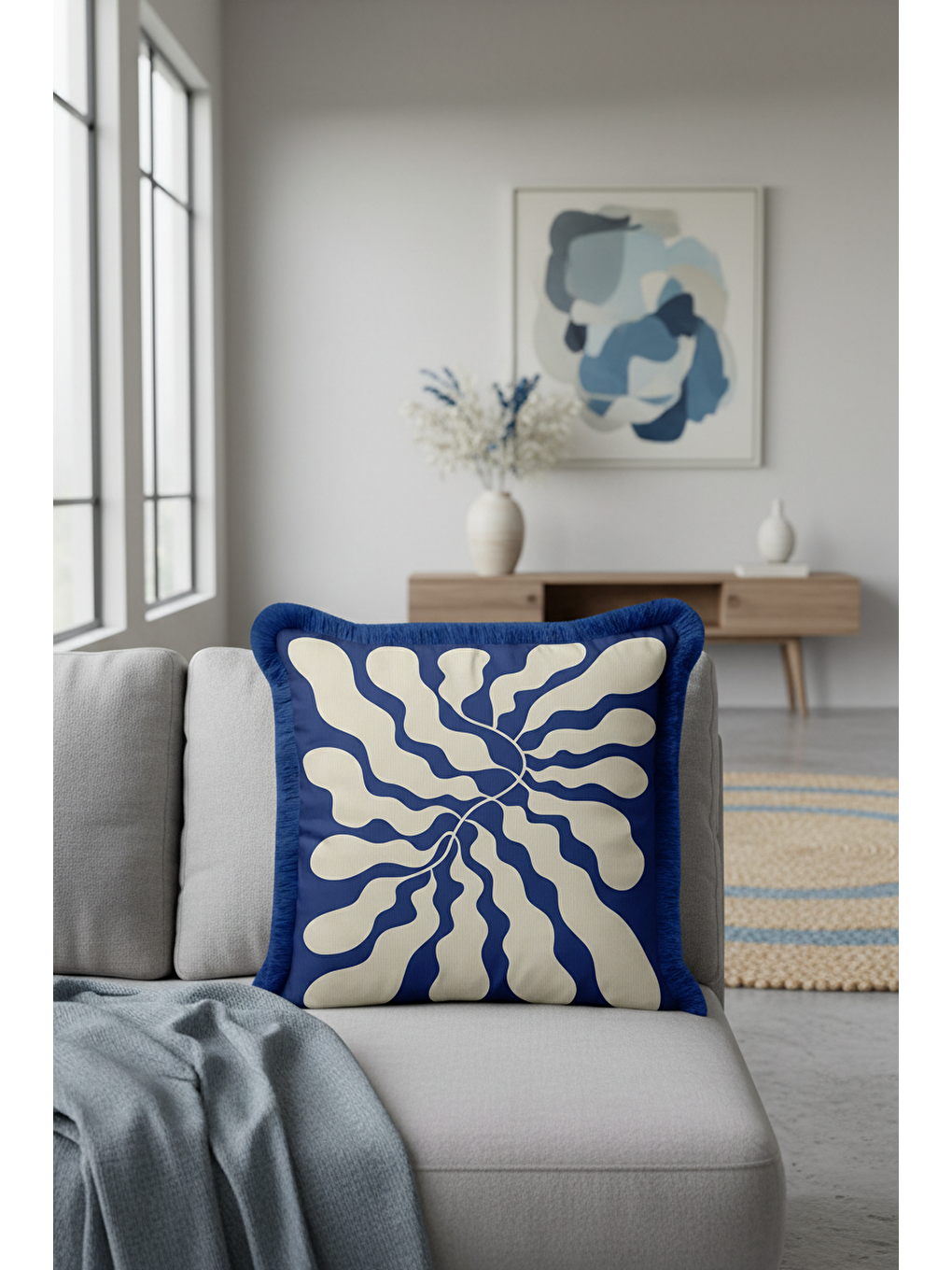 Karışık Modern Dalga Hareketli Saçaklı Yastık Kılıfı - Soyut Akışkan Mavi Retro Püsküllü Kırlent Kılıfı-4