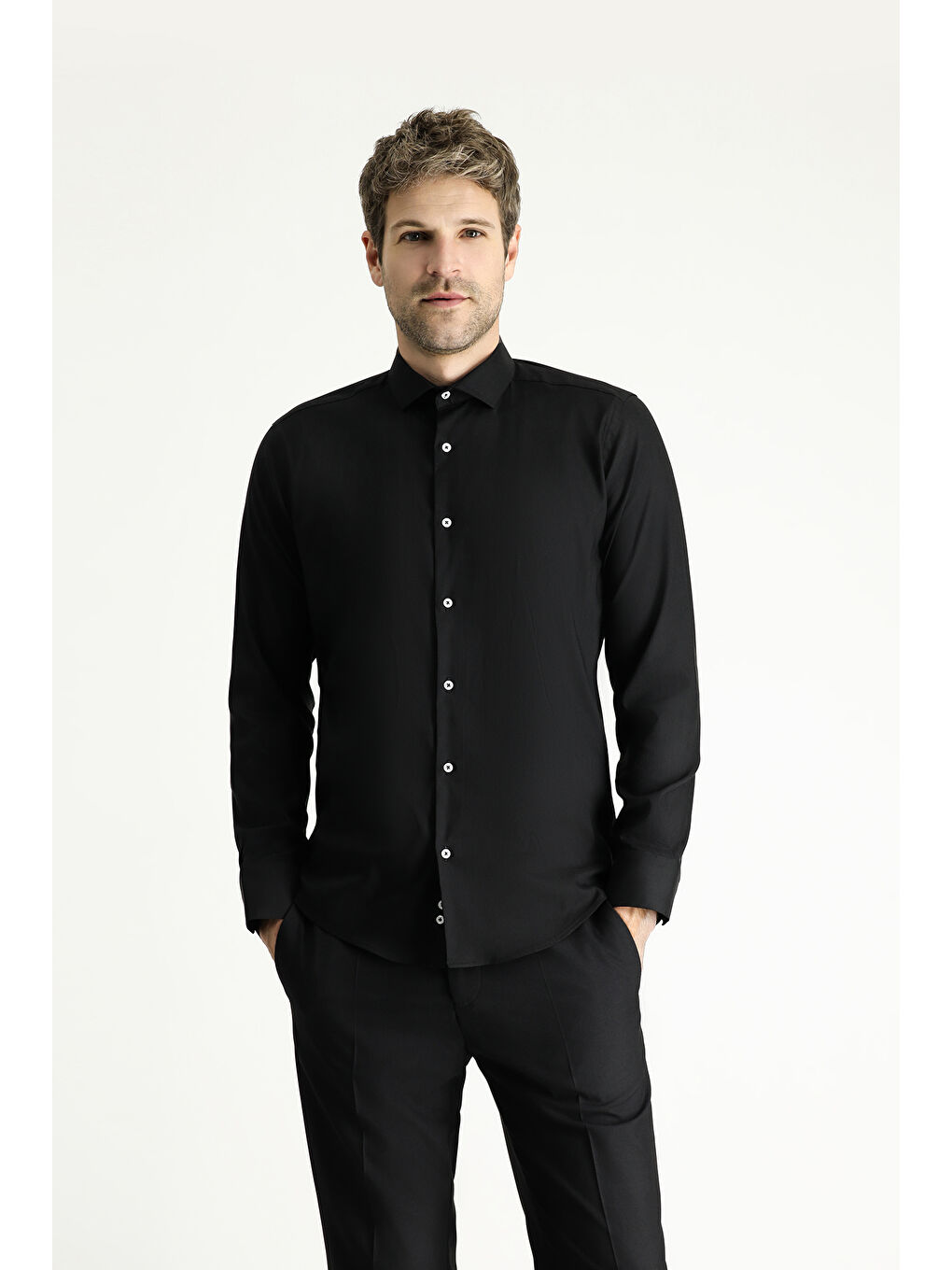 Siyah Techno-Line Uzun Kol Slim Fit Dar Kesim Klasik Gömlek-3