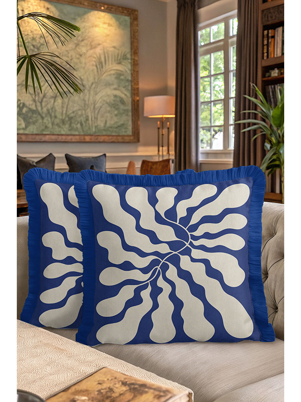 Karışık Modern Dalga Hareketli Saçaklı Yastık Kılıfı - Soyut Akışkan Mavi Retro Püsküllü Kırlent Kılıfı-7