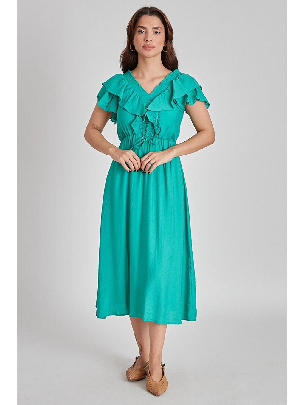 Yeşil V Yaka Gipeli Elbise MG1842