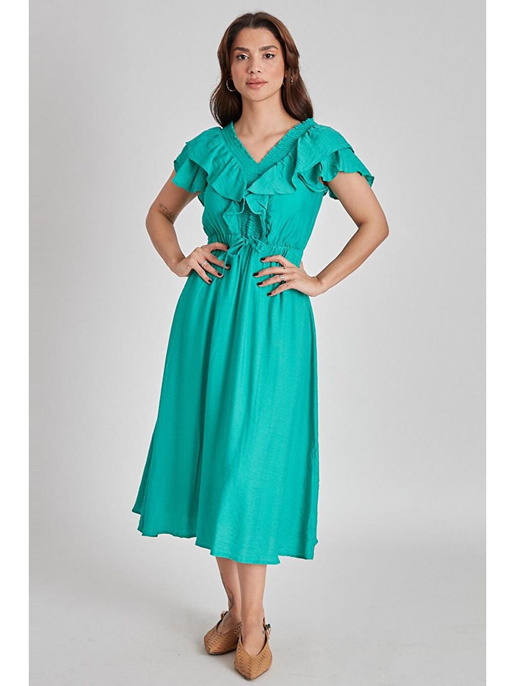 Yeşil V Yaka Gipeli Elbise MG1842-1