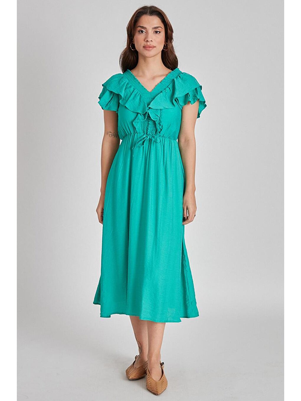 Yeşil V Yaka Gipeli Elbise MG1842-3