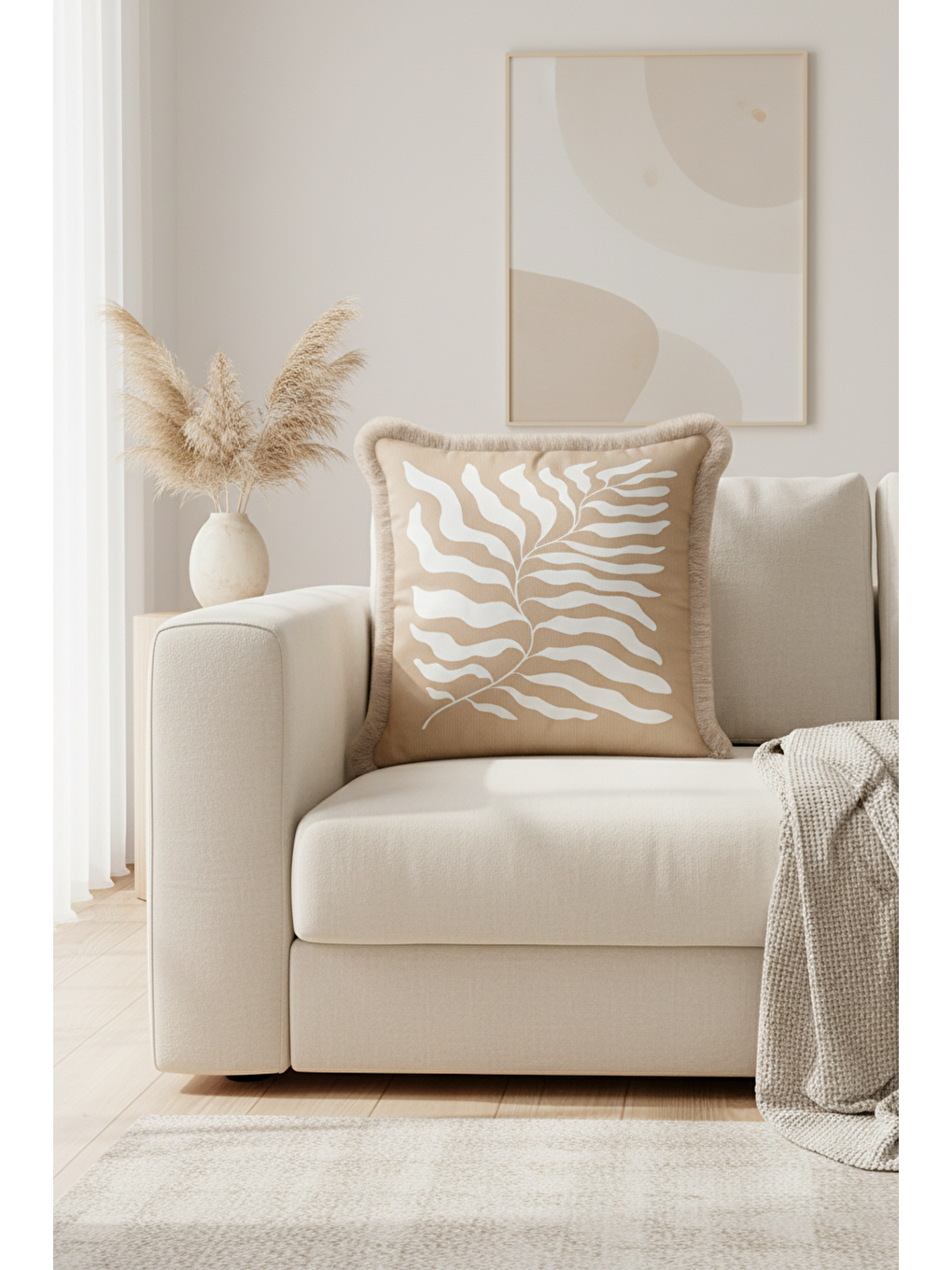 Karışık Tropikal Yaprak Motifli Saçaklı Yastık Kılıfı - Naturel Bohem Bej Ekru Püsküllü Kırlent Kılıfı