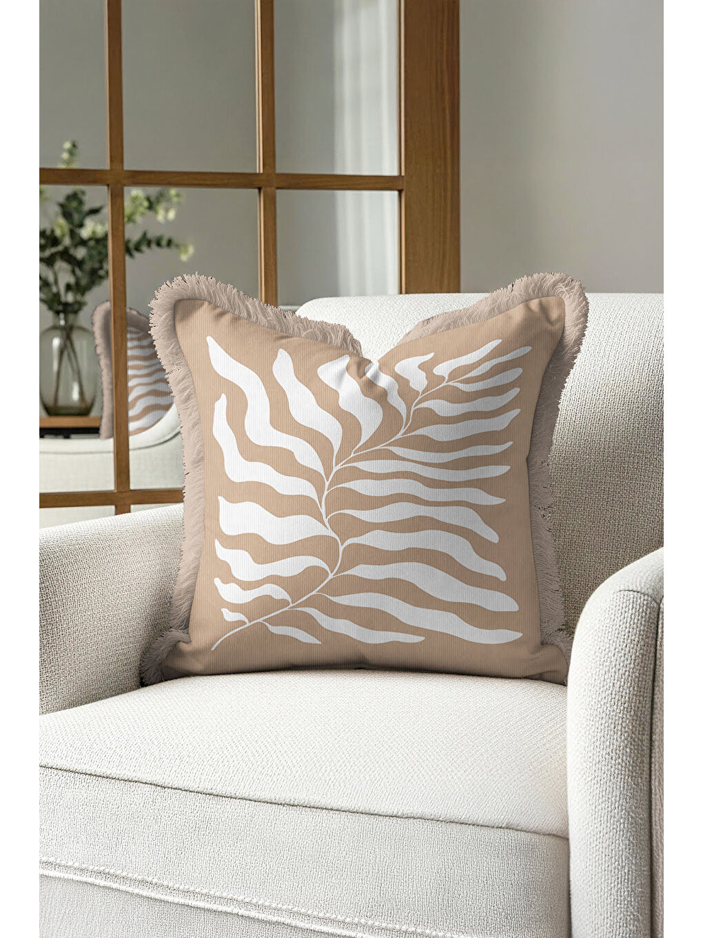 Karışık Tropikal Yaprak Motifli Saçaklı Yastık Kılıfı - Naturel Bohem Bej Ekru Püsküllü Kırlent Kılıfı-1