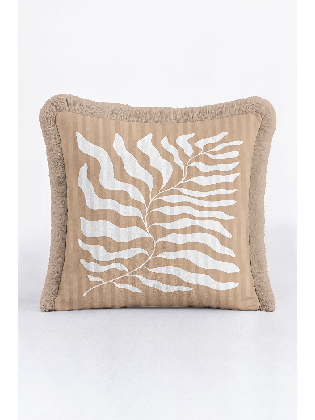 Karışık Tropikal Yaprak Motifli Saçaklı Yastık Kılıfı - Naturel Bohem Bej Ekru Püsküllü Kırlent Kılıfı-2