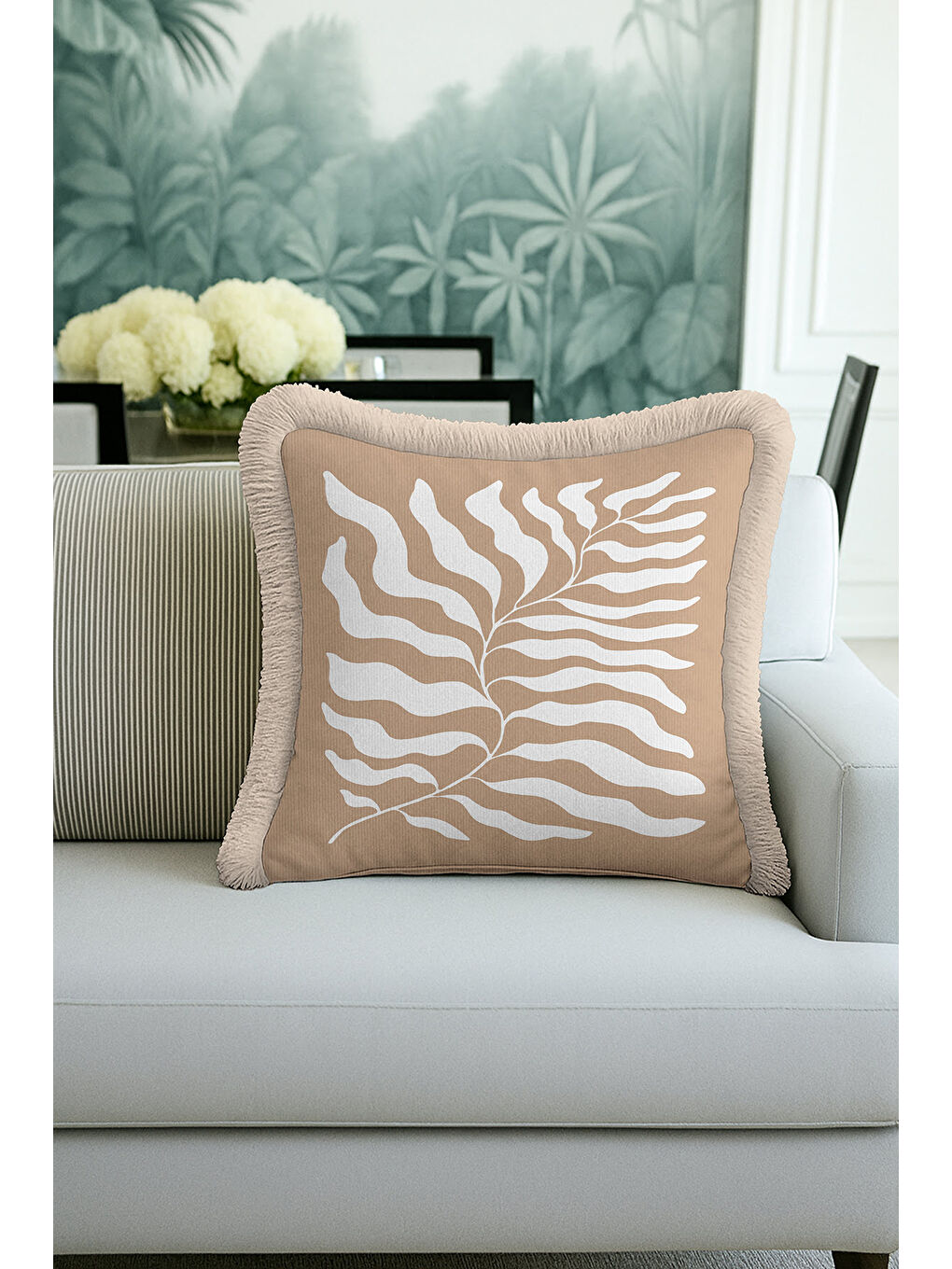 Karışık Tropikal Yaprak Motifli Saçaklı Yastık Kılıfı - Naturel Bohem Bej Ekru Püsküllü Kırlent Kılıfı-3