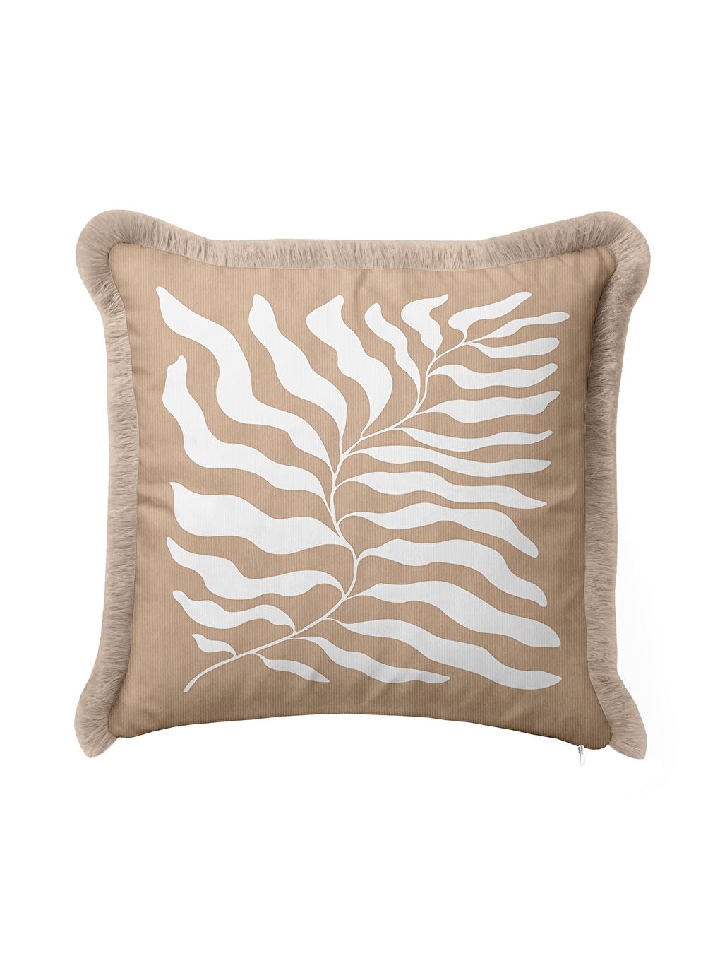 Karışık Tropikal Yaprak Motifli Saçaklı Yastık Kılıfı - Naturel Bohem Bej Ekru Püsküllü Kırlent Kılıfı-4