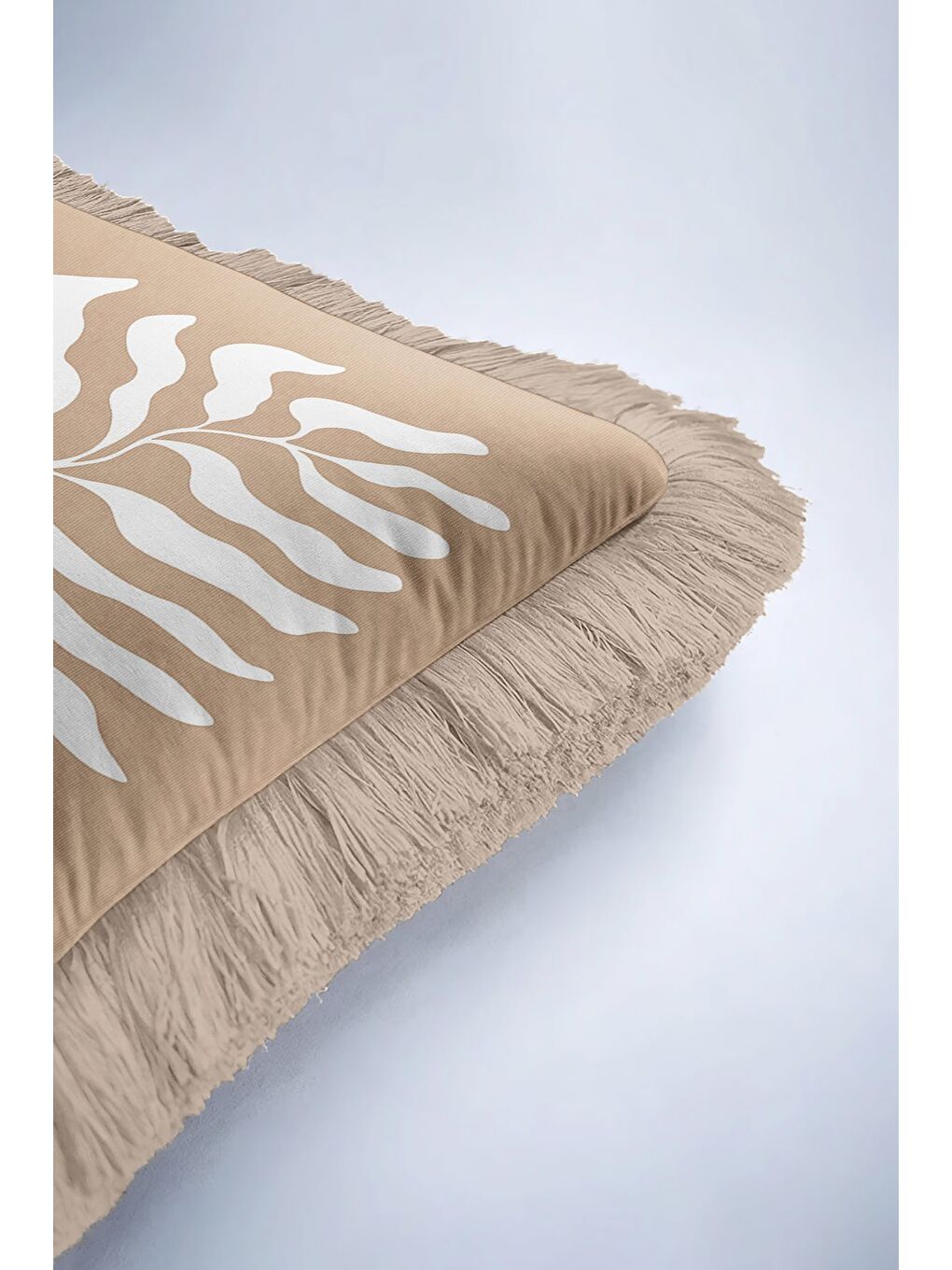 Karışık Tropikal Yaprak Motifli Saçaklı Yastık Kılıfı - Naturel Bohem Bej Ekru Püsküllü Kırlent Kılıfı-6