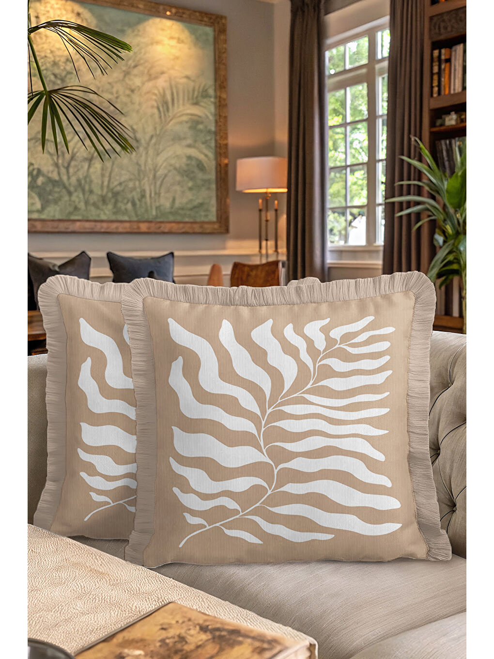 Karışık Tropikal Yaprak Motifli Saçaklı Yastık Kılıfı - Naturel Bohem Bej Ekru Püsküllü Kırlent Kılıfı-7