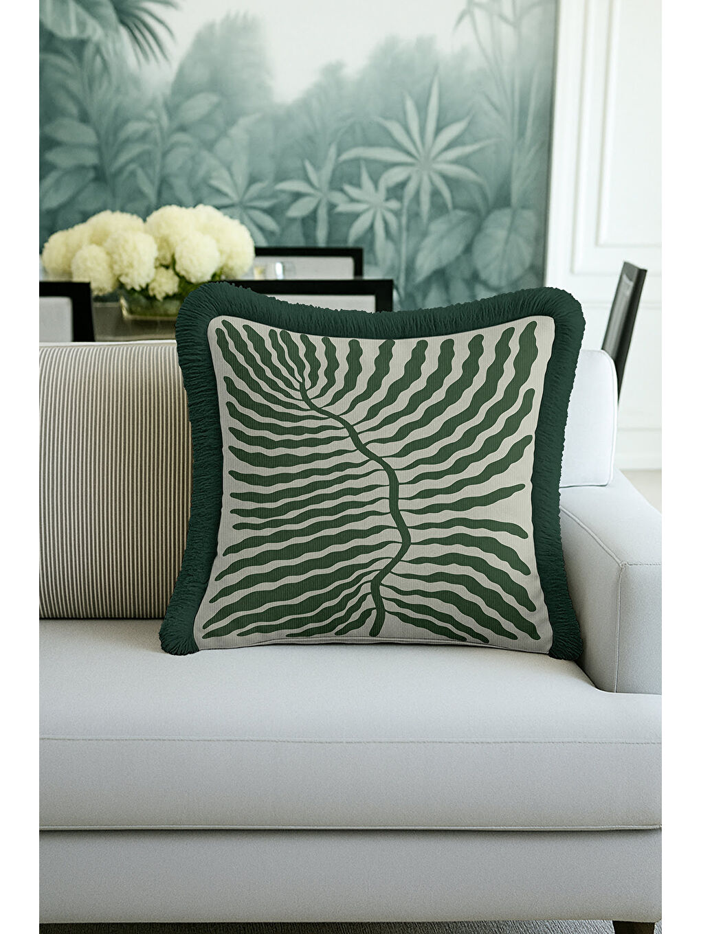 Karışık Zarif Tropik Yaprak Saçaklı Yastık Kılıfı - Doğal Botanik Modern Yeşil Püsküllü Kırlent Kılıfı
