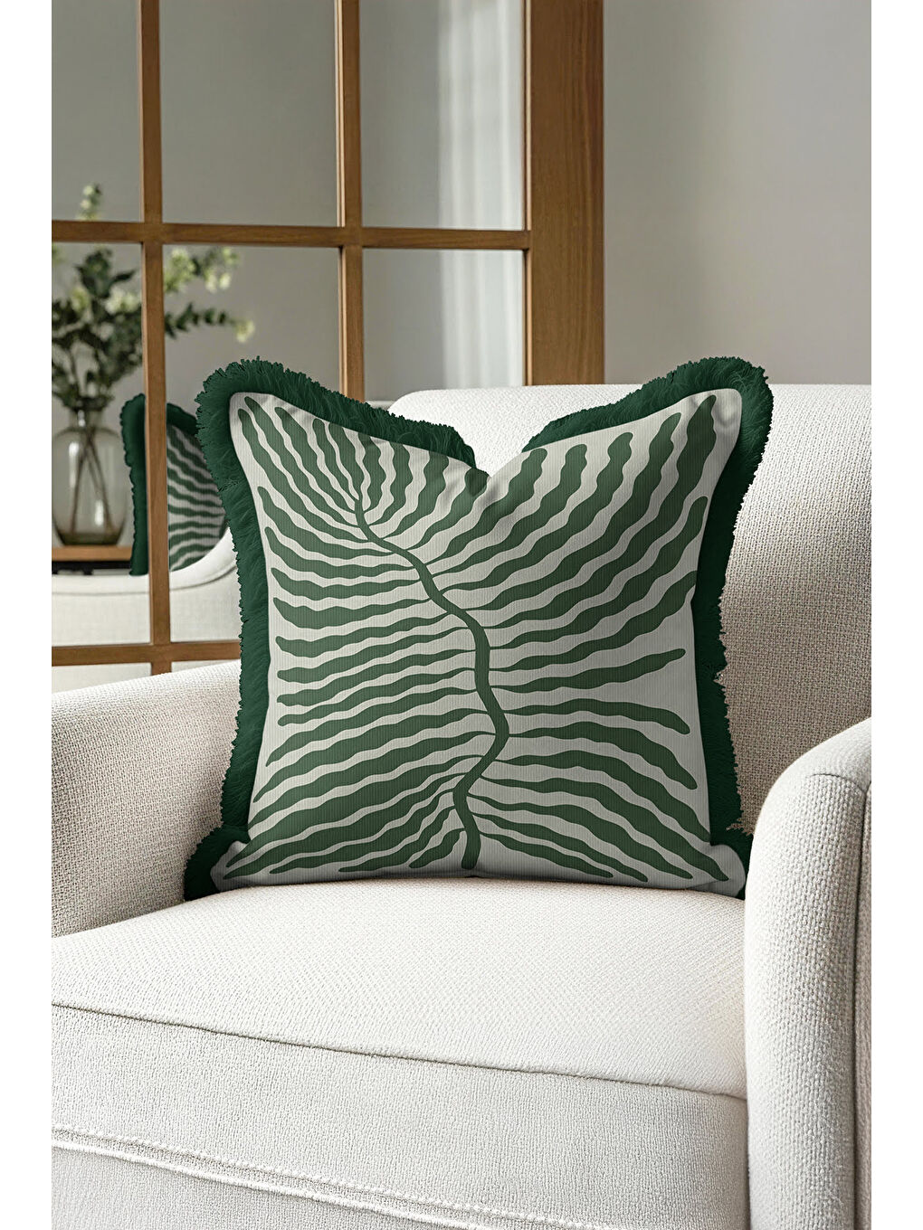 Karışık Zarif Tropik Yaprak Saçaklı Yastık Kılıfı - Doğal Botanik Modern Yeşil Püsküllü Kırlent Kılıfı-2