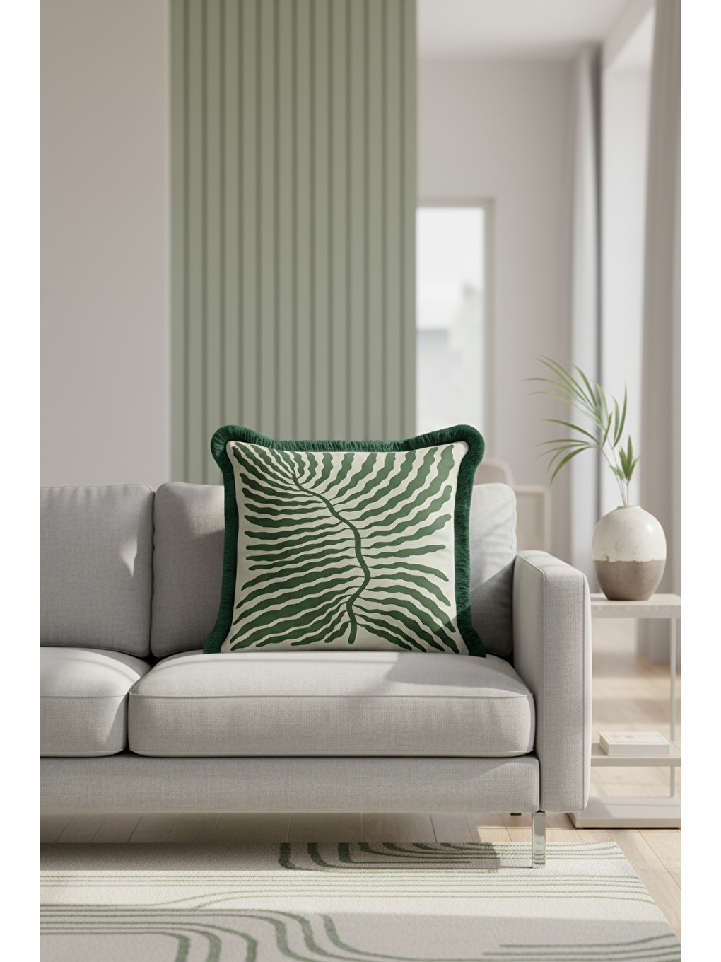 Karışık Zarif Tropik Yaprak Saçaklı Yastık Kılıfı - Doğal Botanik Modern Yeşil Püsküllü Kırlent Kılıfı-4