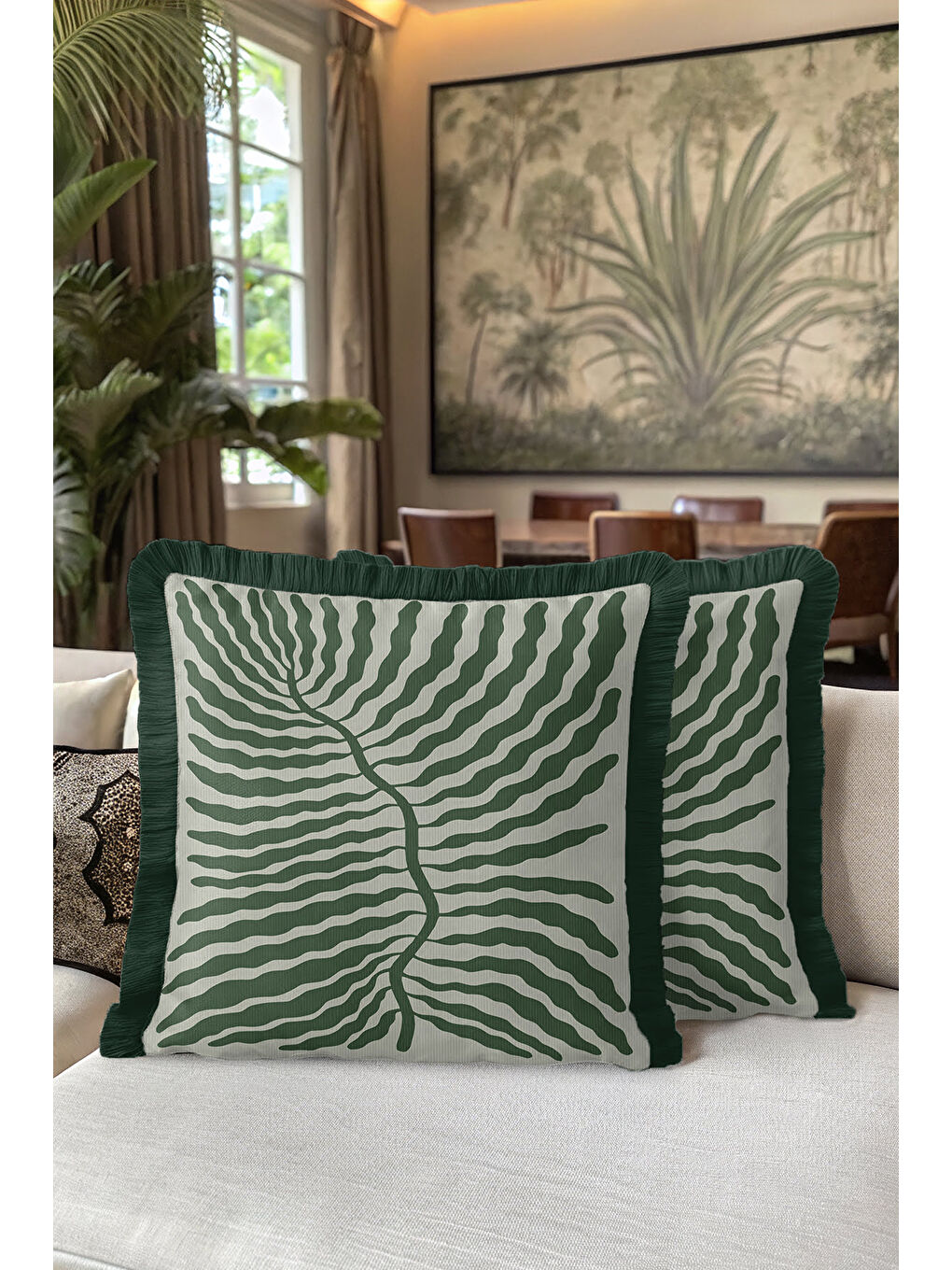 Karışık Zarif Tropik Yaprak Saçaklı Yastık Kılıfı - Doğal Botanik Modern Yeşil Püsküllü Kırlent Kılıfı-5