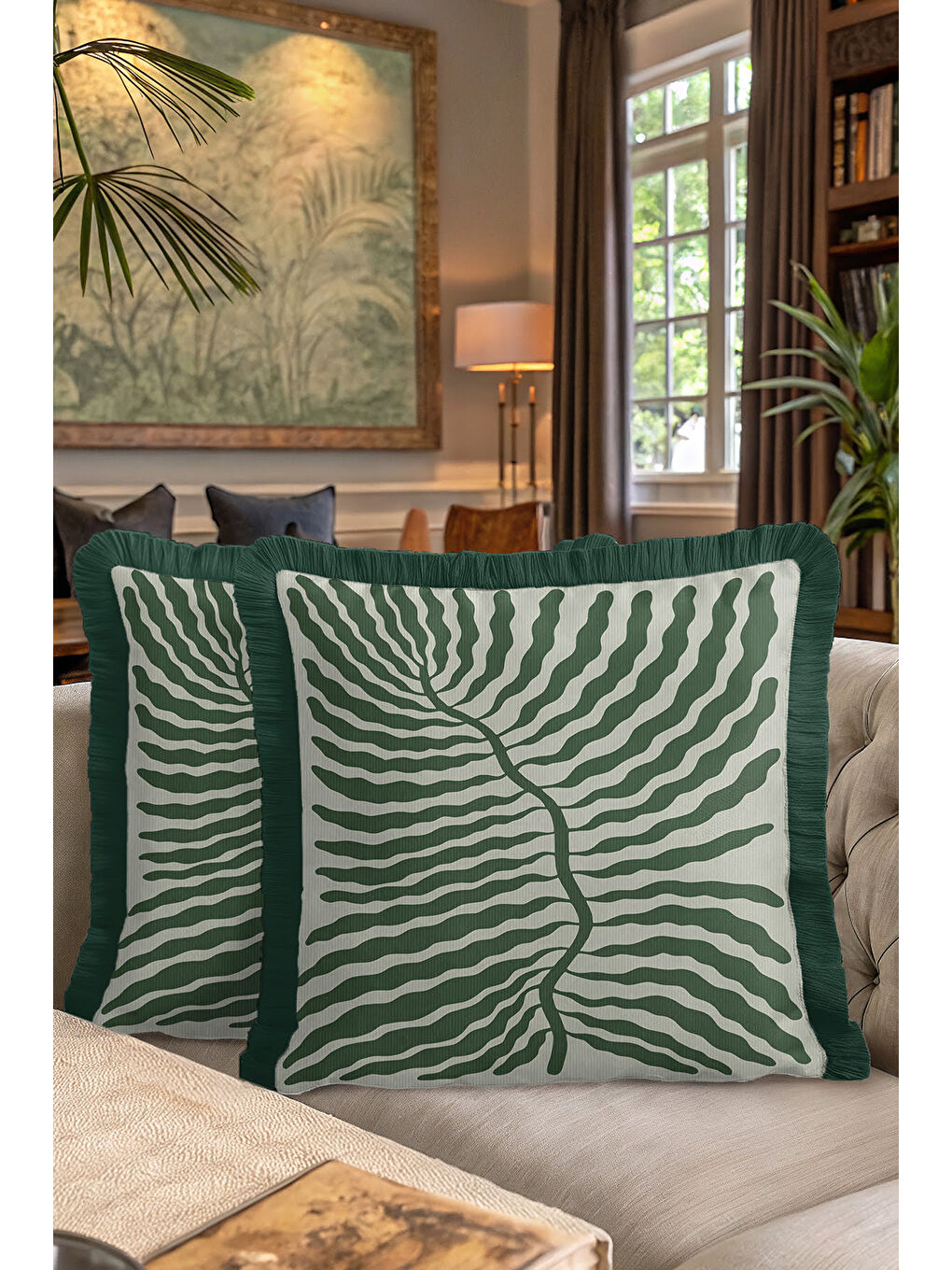 Karışık Zarif Tropik Yaprak Saçaklı Yastık Kılıfı - Doğal Botanik Modern Yeşil Püsküllü Kırlent Kılıfı-7