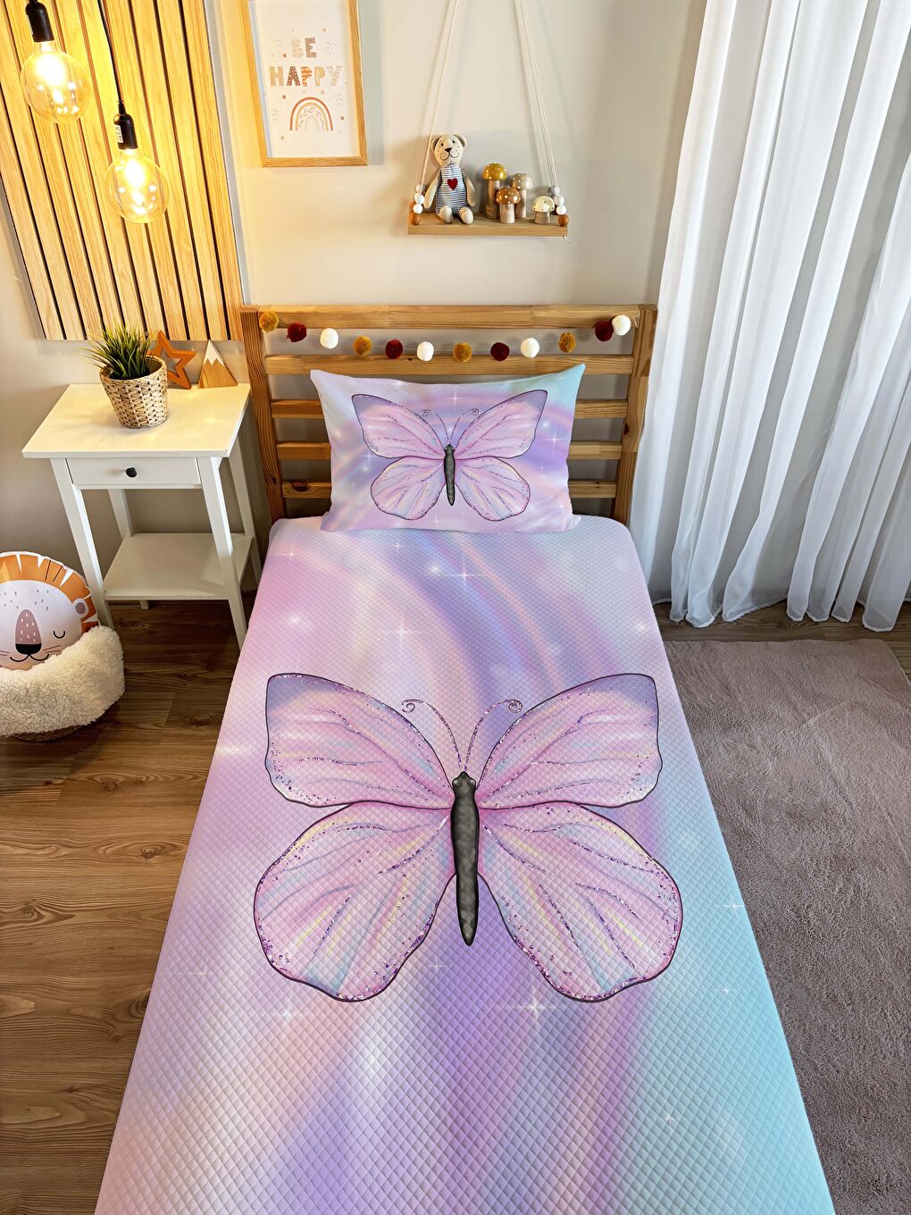 Karışık Kelebek Desenli Bebek Ve Çocuk Baskılı Tek Kişilik Pike Takımı Pembe-1