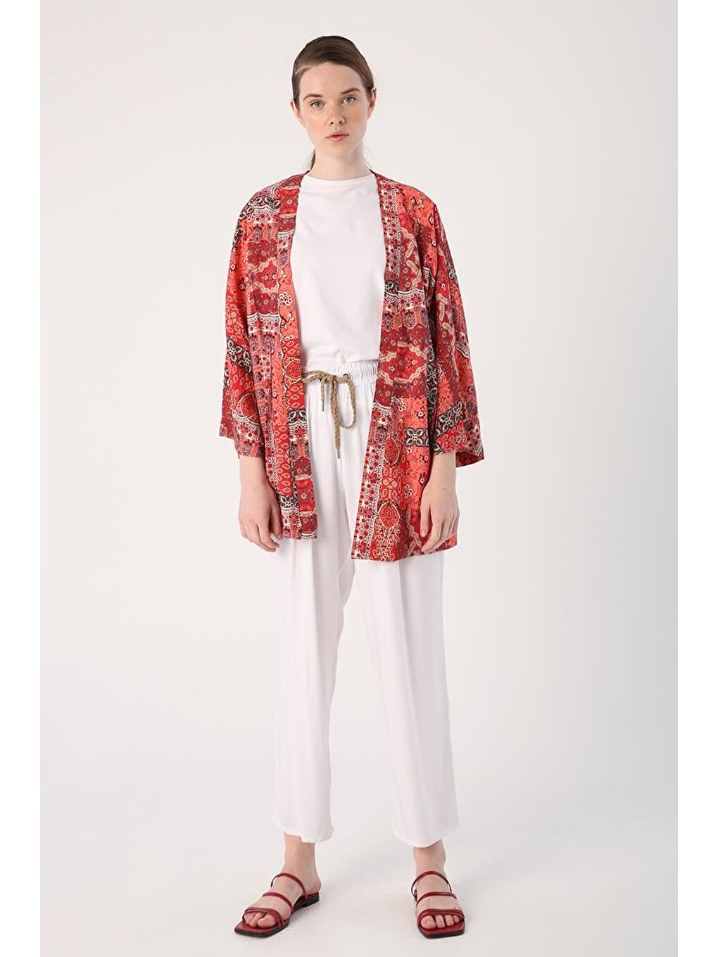 Beyaz-Beli Lastikli Geniş Paça Pantolon-1