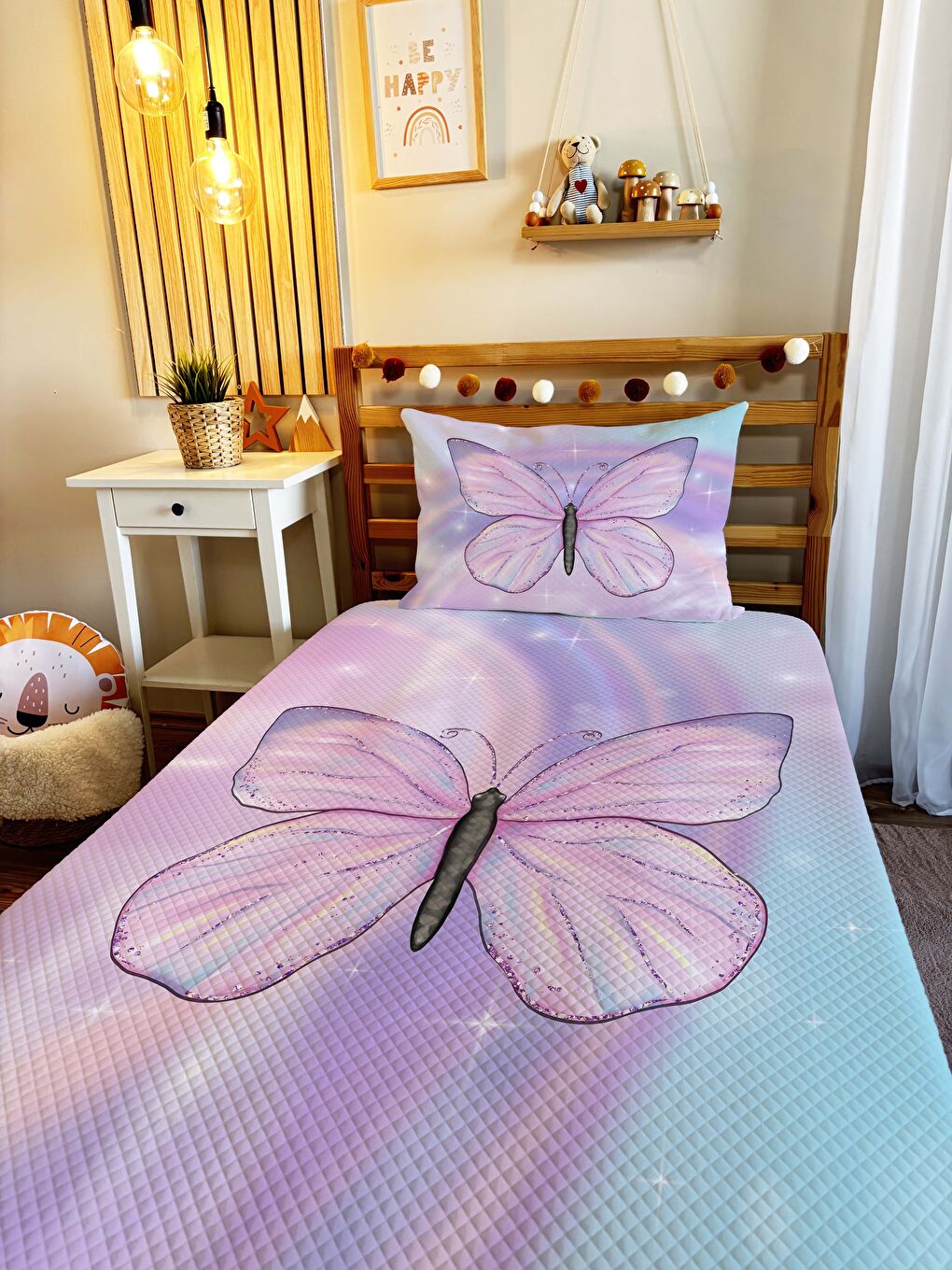 Karışık Kelebek Desenli Bebek Ve Çocuk Baskılı Tek Kişilik Pike Takımı Pembe-2