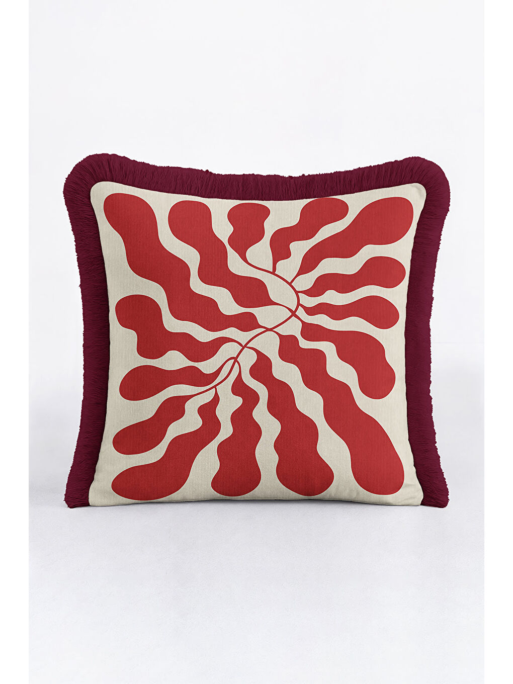 Karışık Retro Organik Dalga Saçaklı Yastık Kılıfı - Soyut Akışkan Modern Bordo Krem Püsküllü Kırlent Kılıfı-1