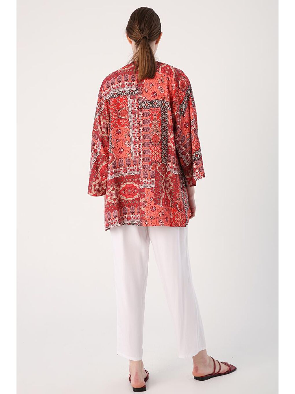 Beyaz-Beli Lastikli Geniş Paça Pantolon-3