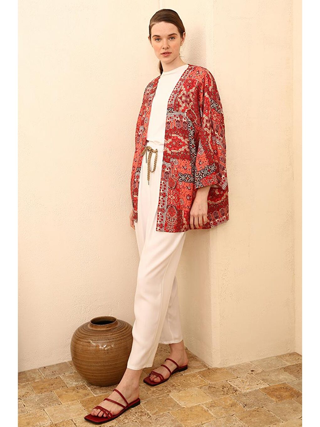 Beyaz-Beli Lastikli Geniş Paça Pantolon-4