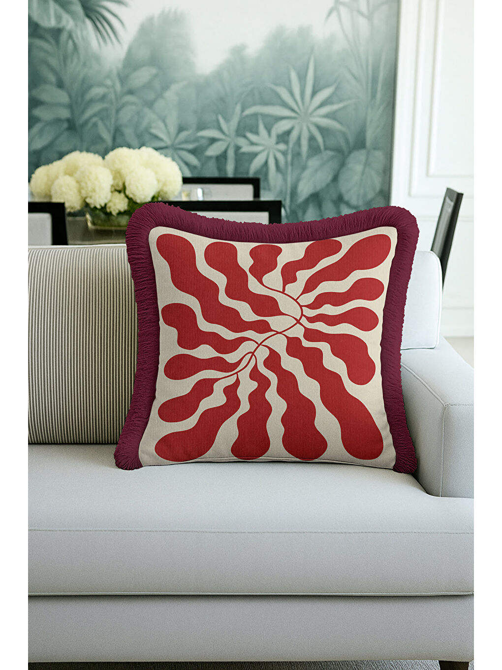 Karışık Retro Organik Dalga Saçaklı Yastık Kılıfı - Soyut Akışkan Modern Bordo Krem Püsküllü Kırlent Kılıfı-3