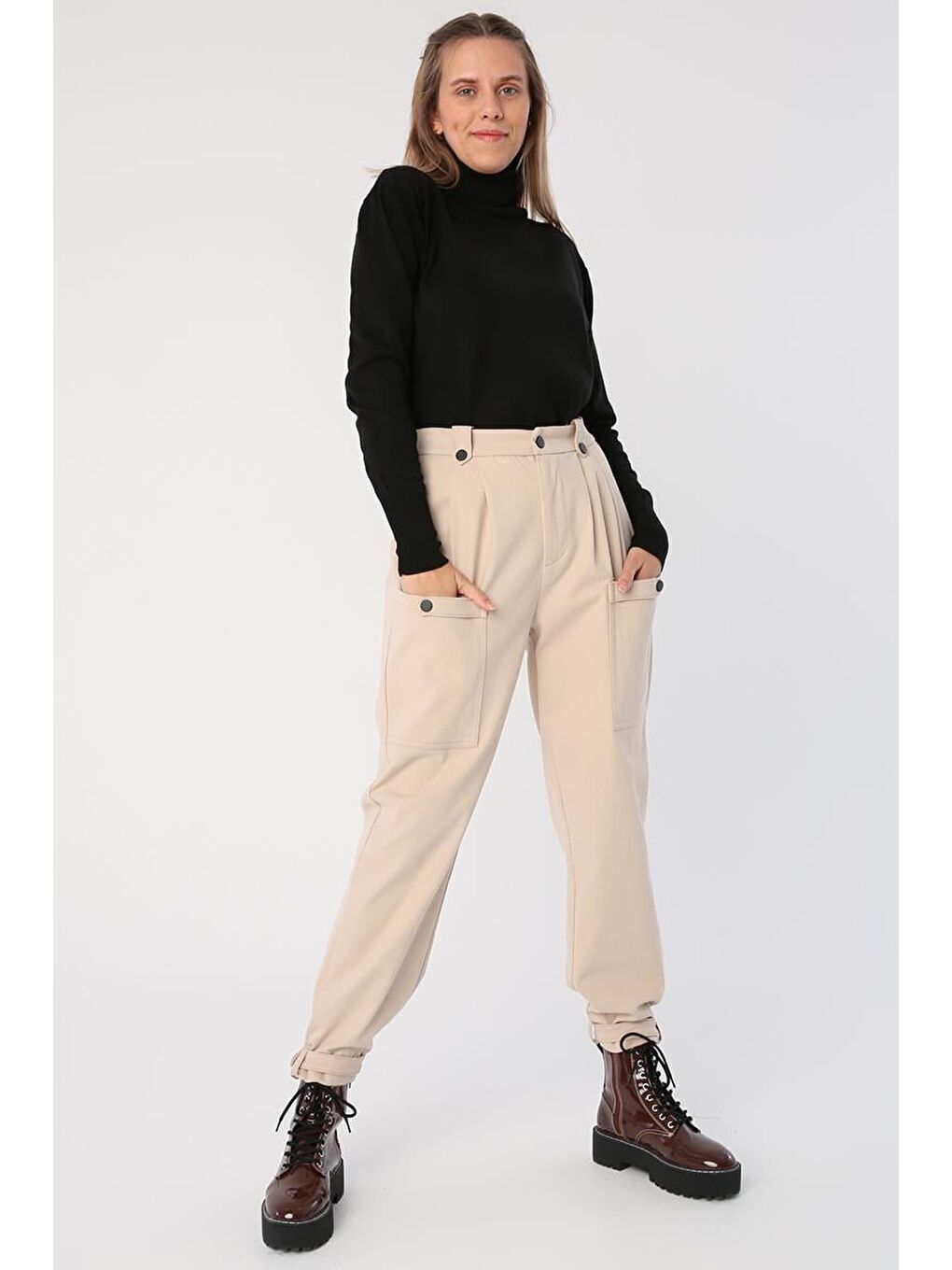 Açık Bej-Pamuklu Apolet Detaylı Çıtçıtlı Kargo Pantolon