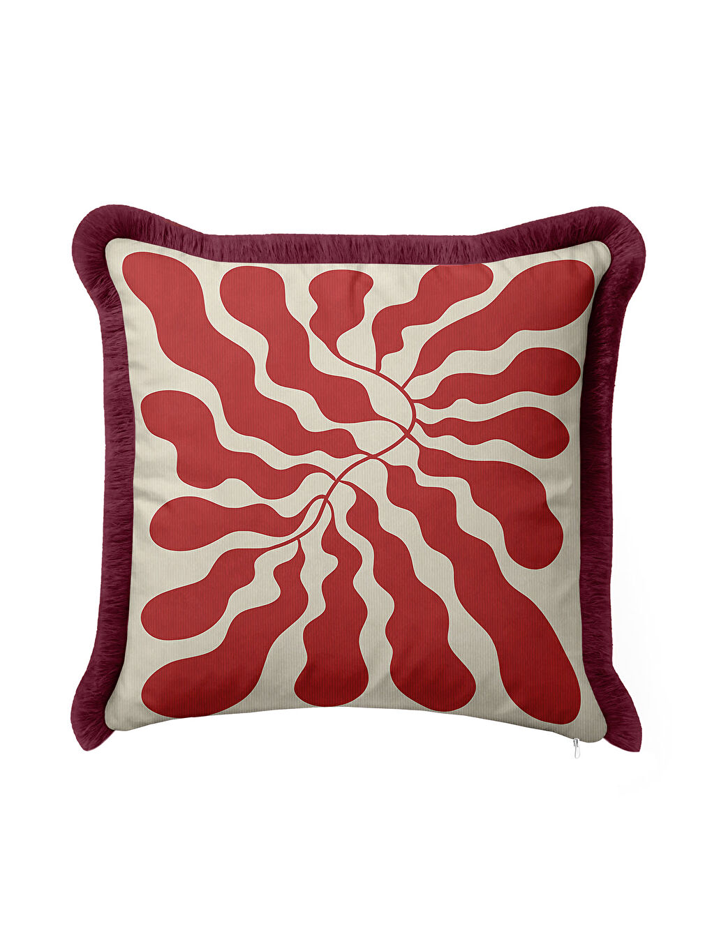 Karışık Retro Organik Dalga Saçaklı Yastık Kılıfı - Soyut Akışkan Modern Bordo Krem Püsküllü Kırlent Kılıfı-4