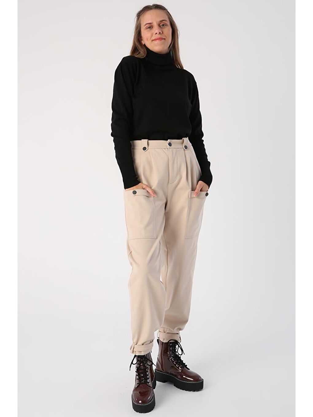 Açık Bej-Pamuklu Apolet Detaylı Çıtçıtlı Kargo Pantolon-1