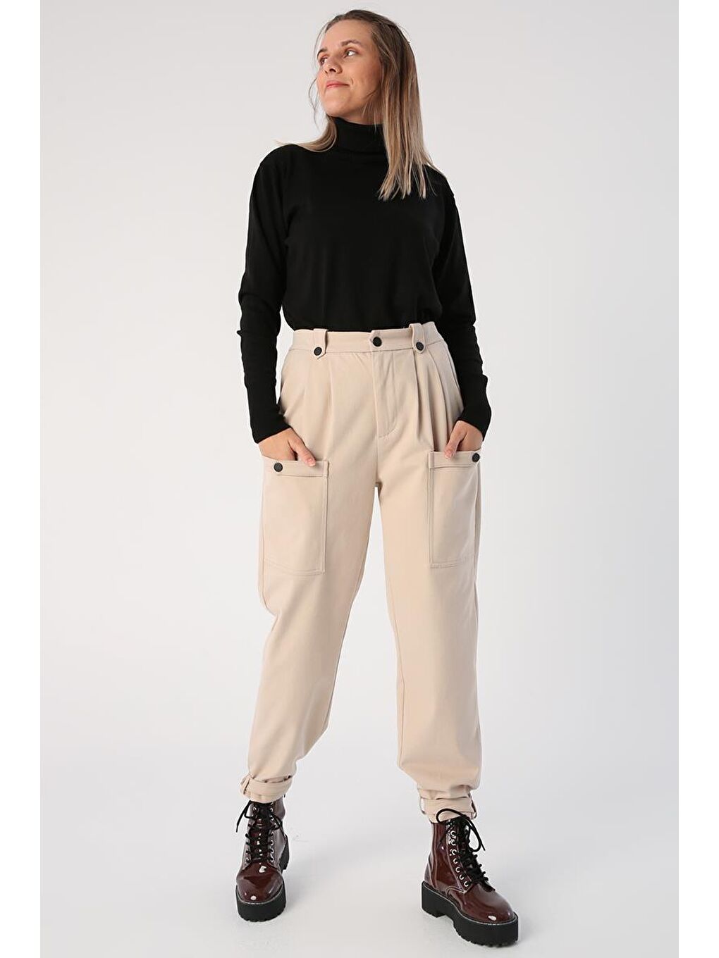 Açık Bej-Pamuklu Apolet Detaylı Çıtçıtlı Kargo Pantolon-2