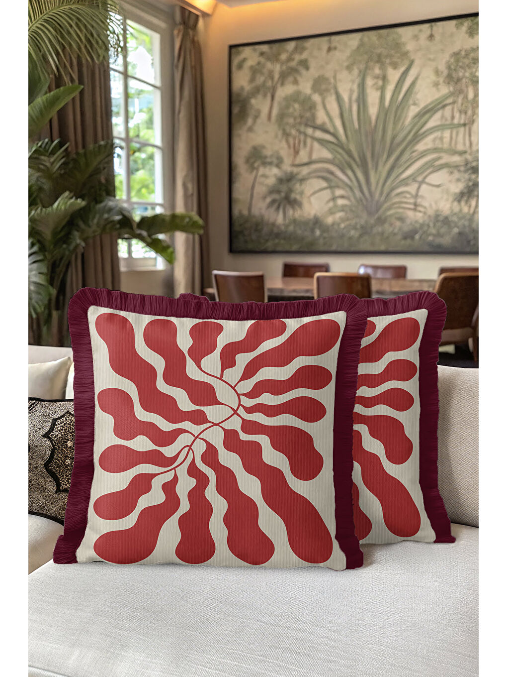 Karışık Retro Organik Dalga Saçaklı Yastık Kılıfı - Soyut Akışkan Modern Bordo Krem Püsküllü Kırlent Kılıfı-5