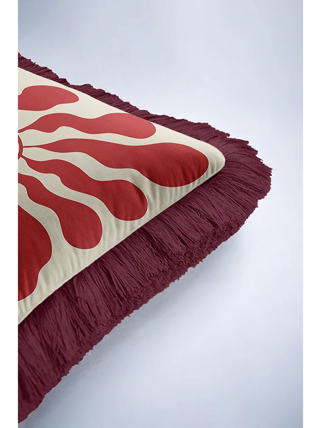 Karışık Retro Organik Dalga Saçaklı Yastık Kılıfı - Soyut Akışkan Modern Bordo Krem Püsküllü Kırlent Kılıfı-6