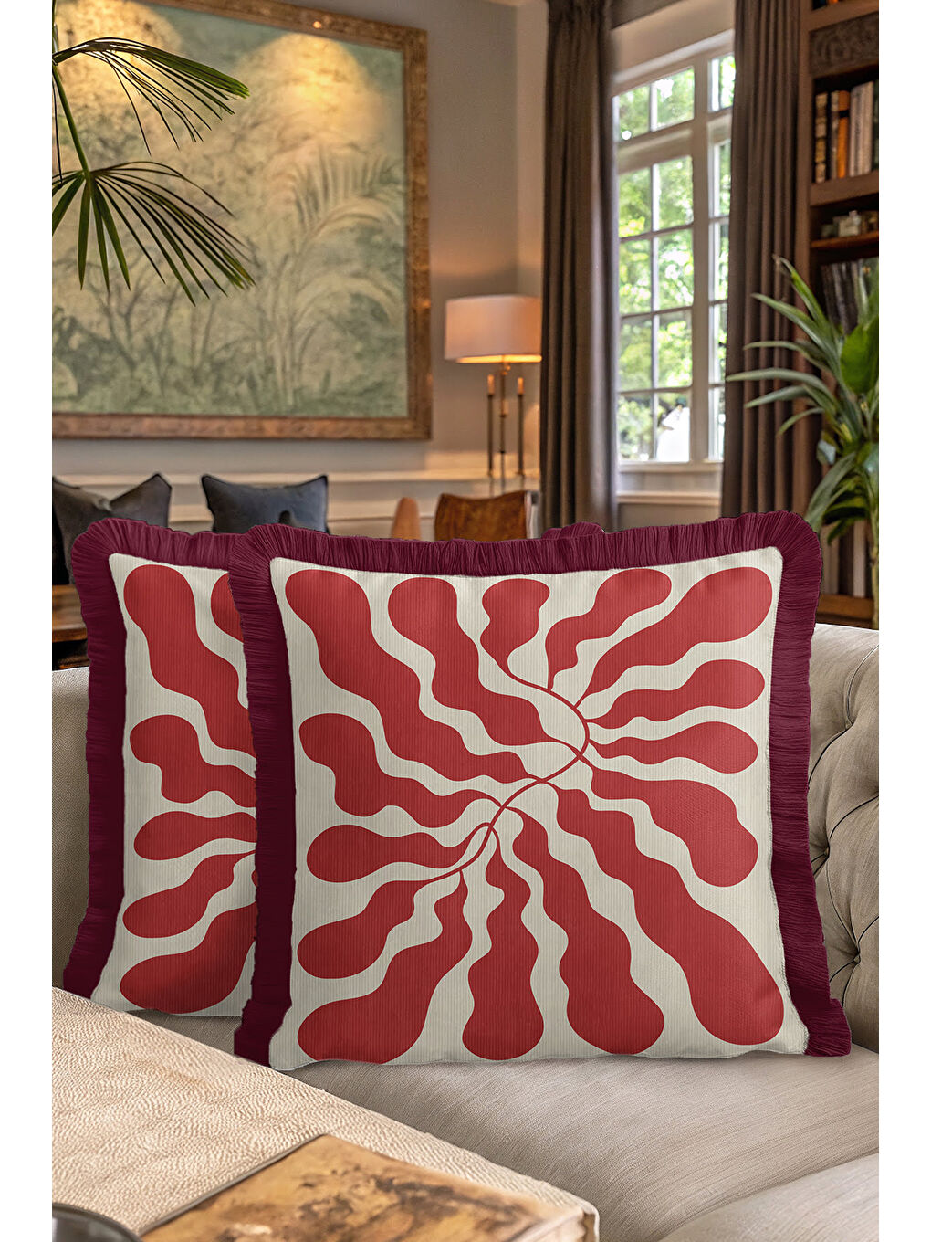 Karışık Retro Organik Dalga Saçaklı Yastık Kılıfı - Soyut Akışkan Modern Bordo Krem Püsküllü Kırlent Kılıfı-7