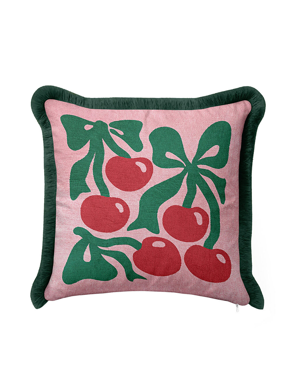 Karışık Retro Kiraz Motifli Saçaklı Yastık Kılıfı - Bohem Pembe Yeşil Püsküllü Kırlent Kılıfı