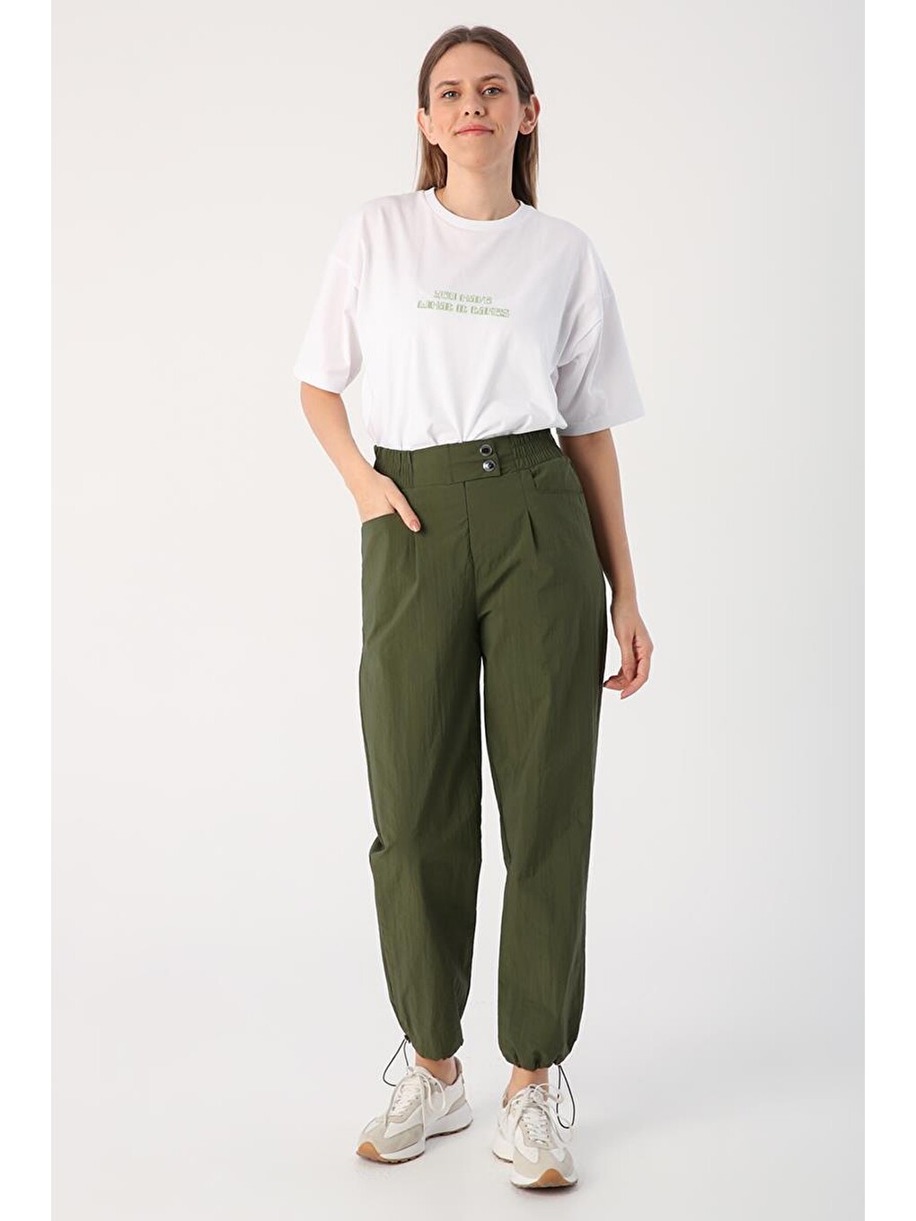 Haki-beli Lastikli Paçası Büzgü Detaylı Pantolon-1